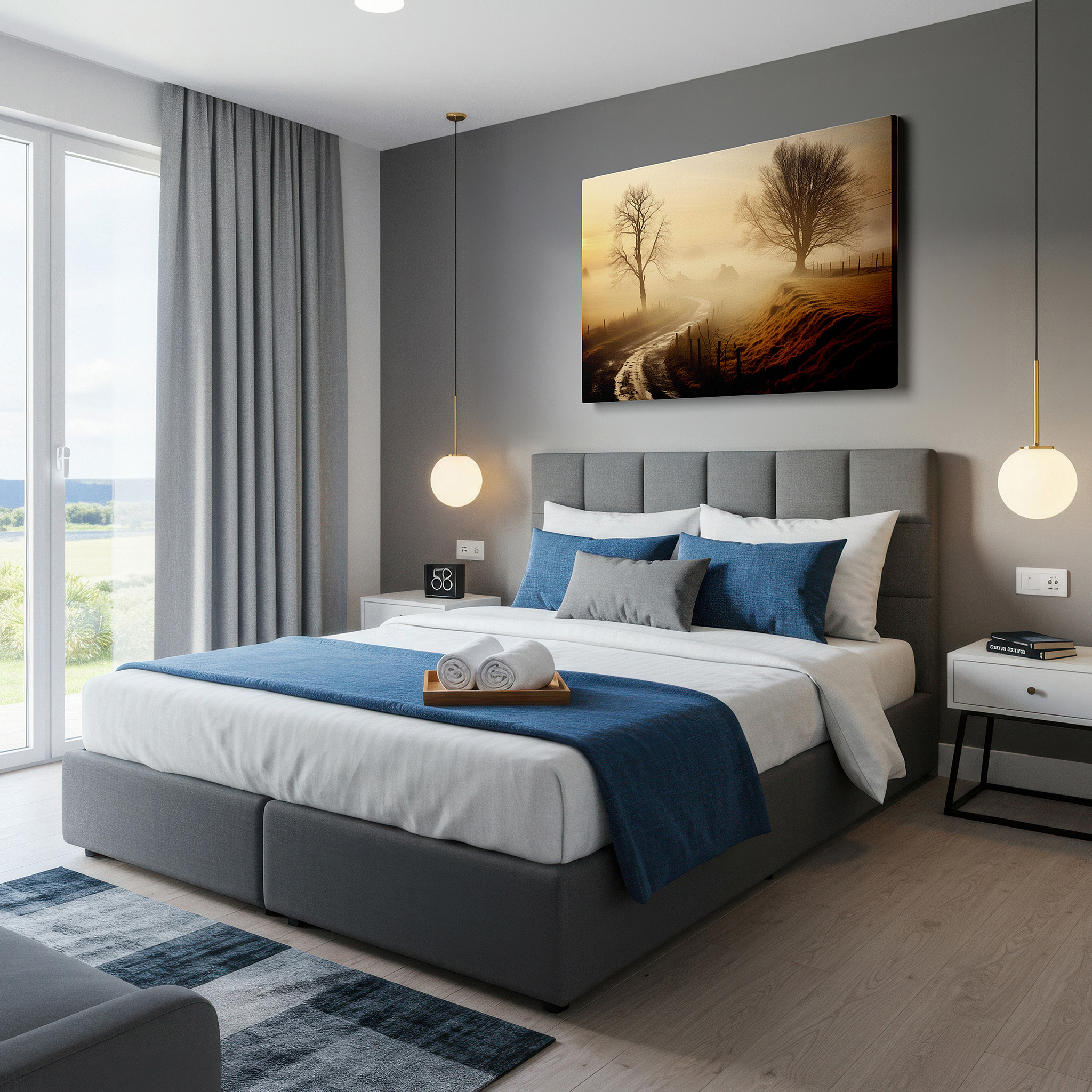 At 60×40 cm, this format fits effortlessly over dressers or benches — serene morning mist and golden sunrise over tranquil rural landscape, large canvas wall art