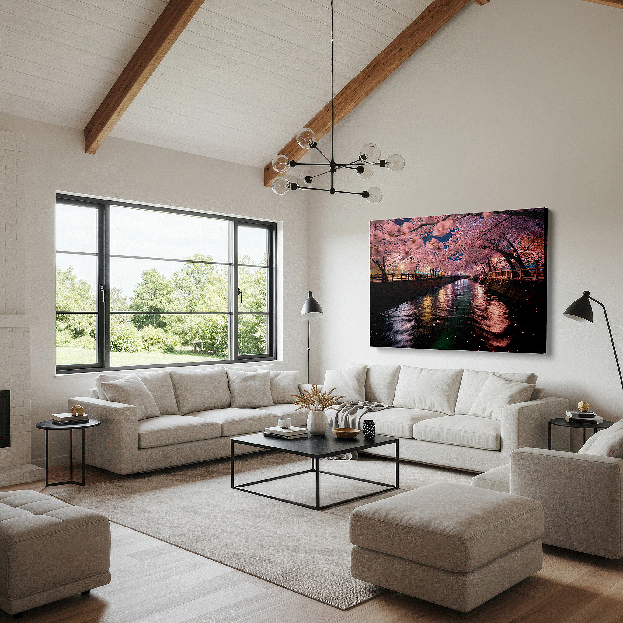 At 60×40 cm, this format fits effortlessly over dressers or benches — serene river and cherry blossoms under a starlit sky: large canvas wall art for office, bedroom, and living room decor
