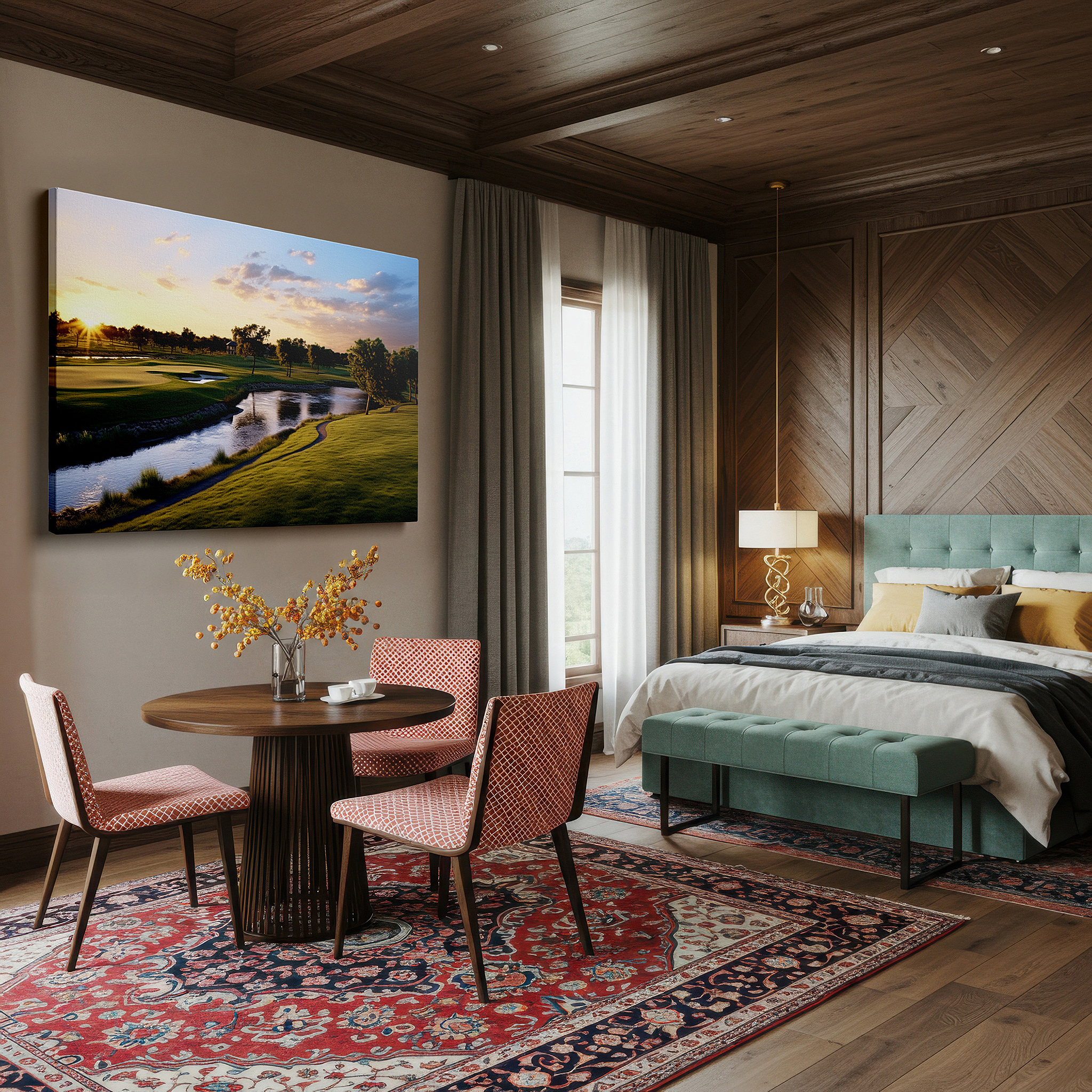 At 60×40 cm, this format fits effortlessly over dressers or benches — serene sunset golf course, tranquil landscape with lush greenery and radiant skies, large canvas wall art decor for office