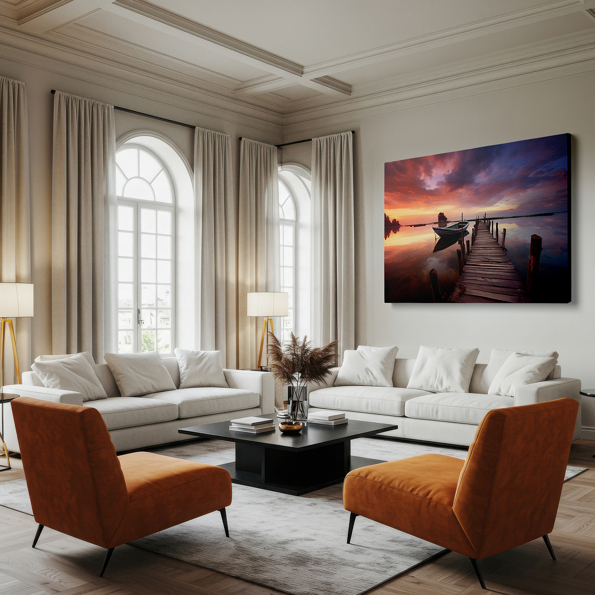 At 60×40 cm, this format fits effortlessly over dressers or benches — serene sunset over tranquil lake canvas print featuring wooden dock and solitary boat - ideal for office, bedroom, and home decor wall art