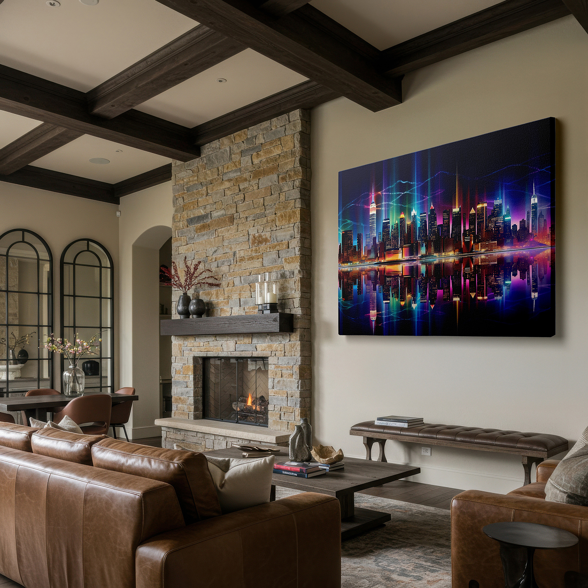 At 60×40 cm, this format fits effortlessly over dressers or benches — serene urban night canvas: vibrant skyline and reflective waters - large wall art for office and bedroom decor