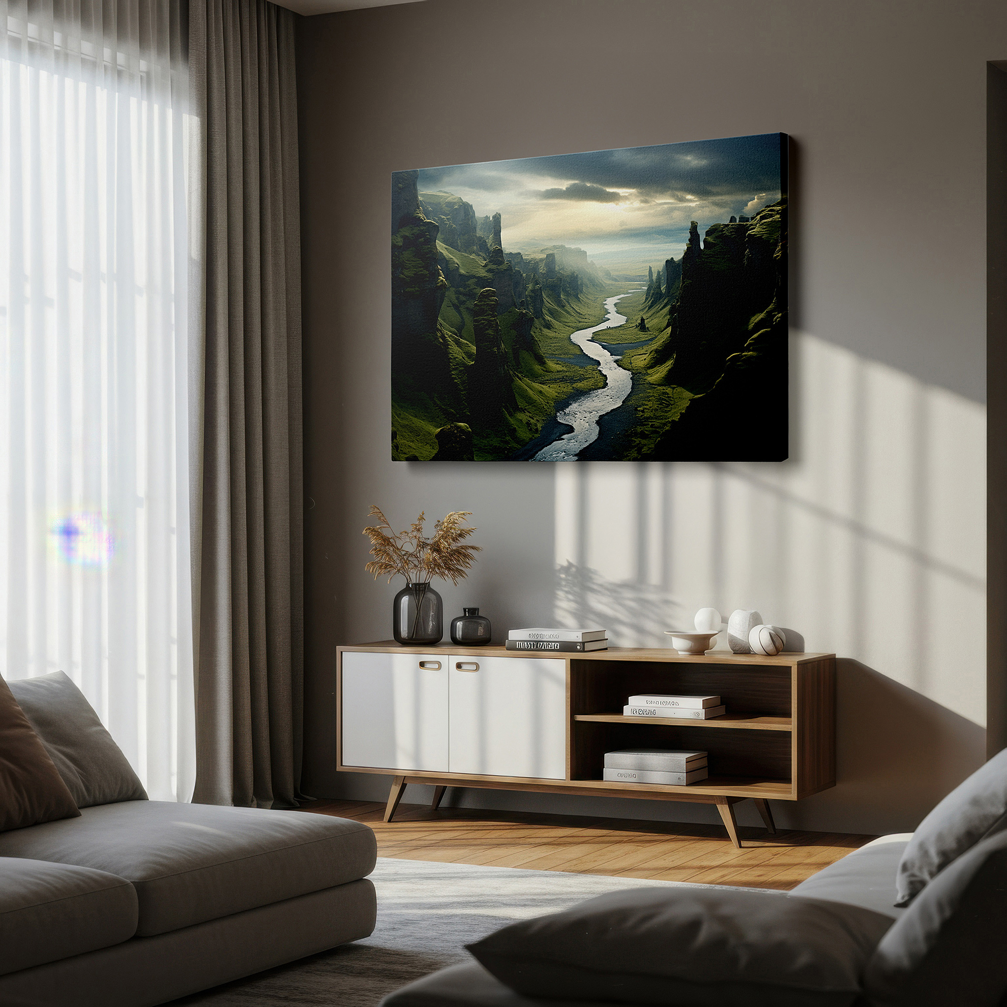 At 60×40 cm, this format fits effortlessly over dressers or benches — serene valley scene with tranquil river, towering cliffs, and lush greenery - large canvas wall art for office decor