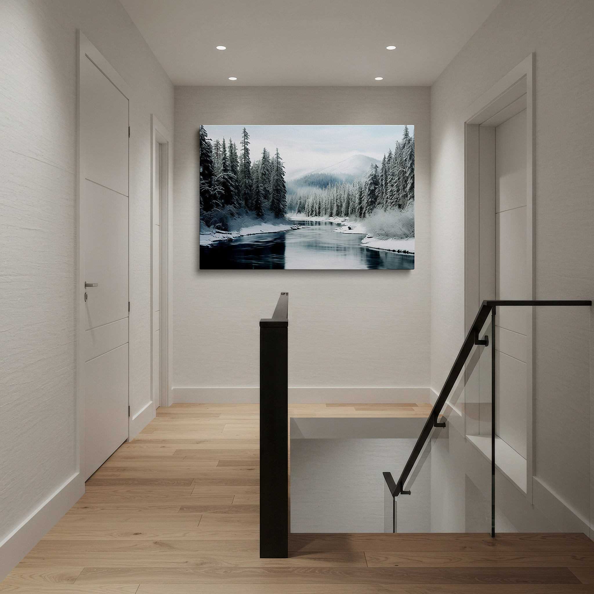 At 60×40 cm, this format fits effortlessly over dressers or benches — serene winter river scene, peaceful snow-covered forest journey large wall art, canvas wall art, wall decor for office and bedroom