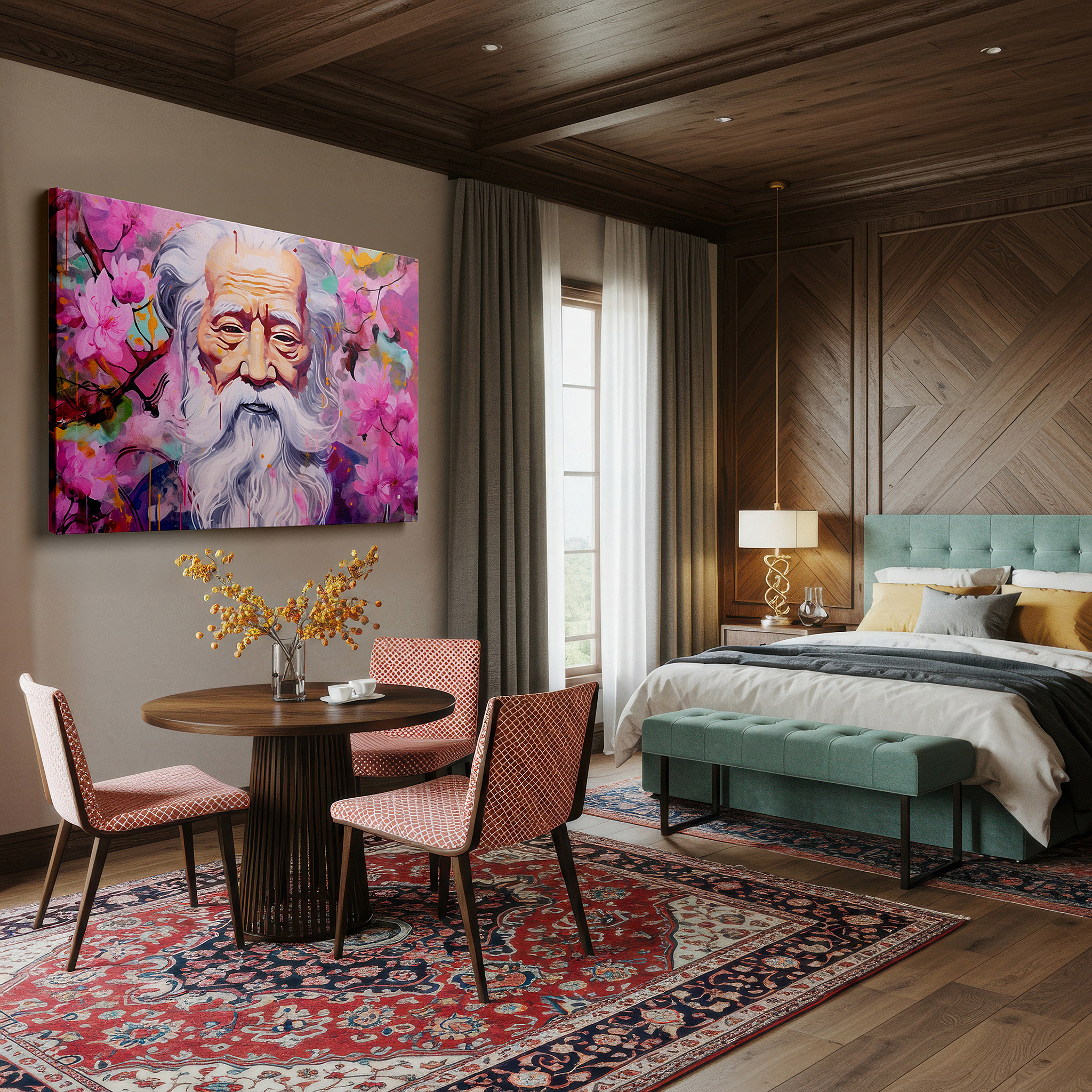 At 60×40 cm, this format fits effortlessly over dressers or benches — serene wisdom and vibrant blossoms surround an elderly man: large wall art, canvas wall art, wall decor for office and bedroom