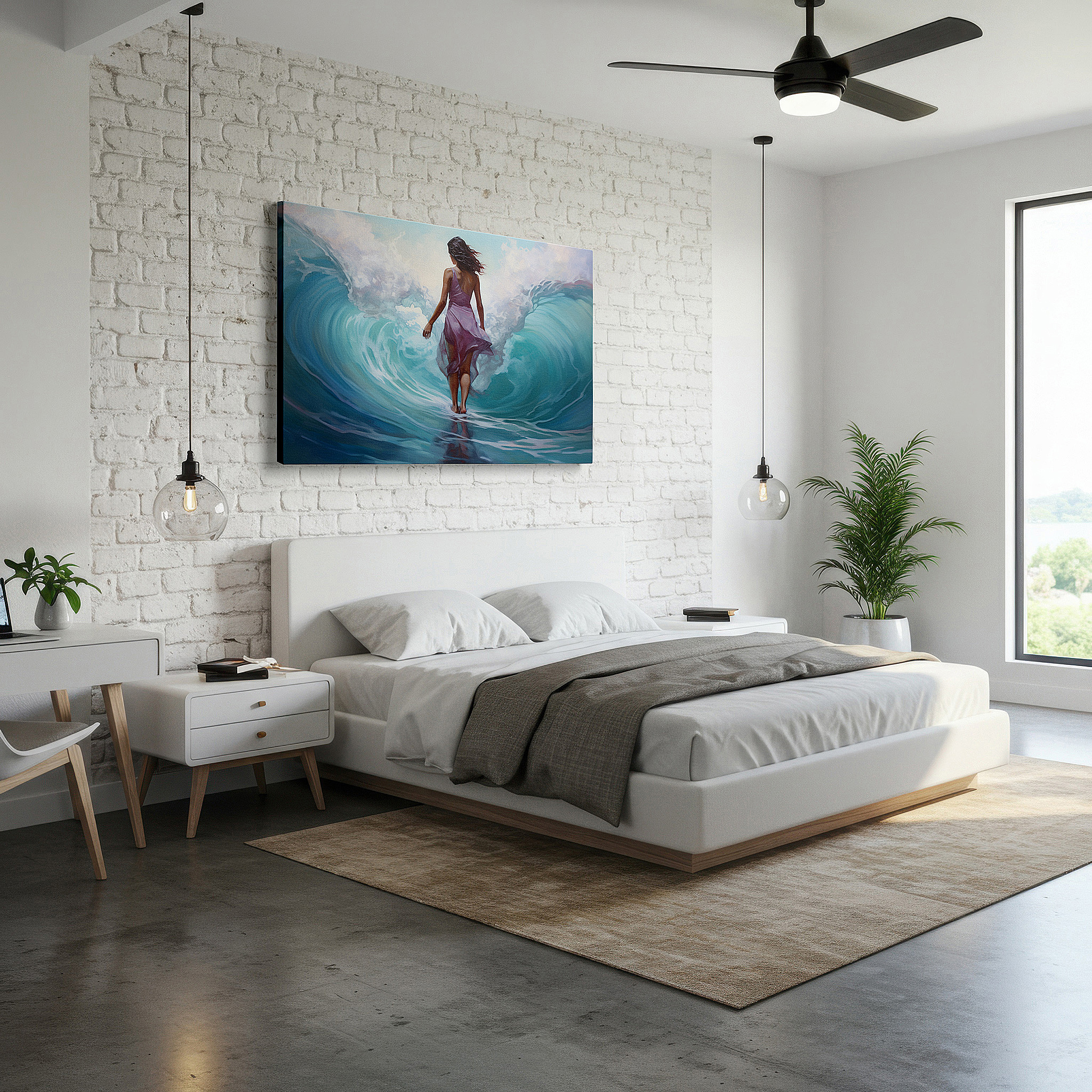 At 60×40 cm, this format fits effortlessly over dressers or benches — silhouetted dance by the ocean: a symphony of light and serenity - large canvas wall art for office and bedroom decor
