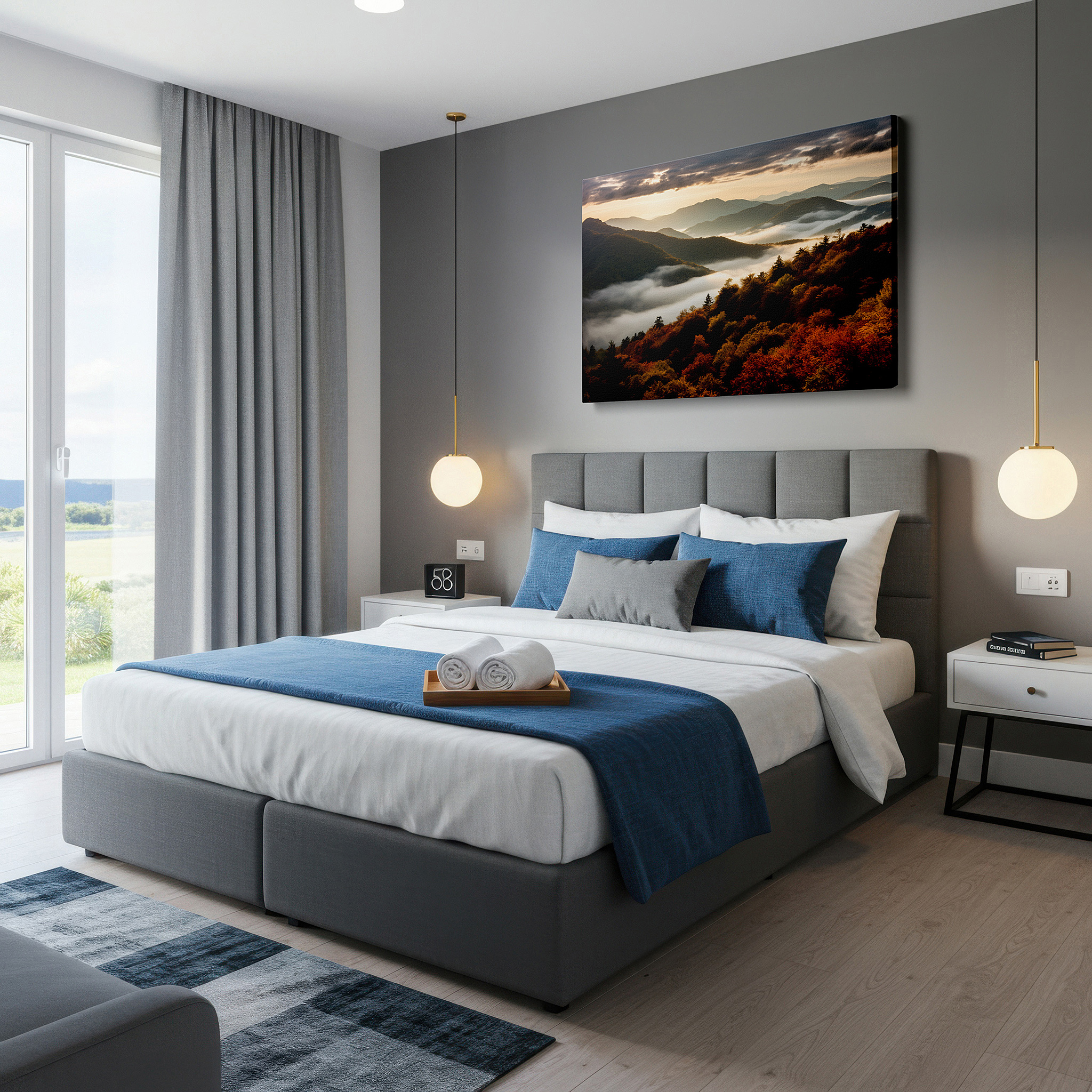 At 60×40 cm, this format fits effortlessly over dressers or benches — smoky mountains at dawn - golden sunrise and autumn colors large wall art, canvas print, home and office decor