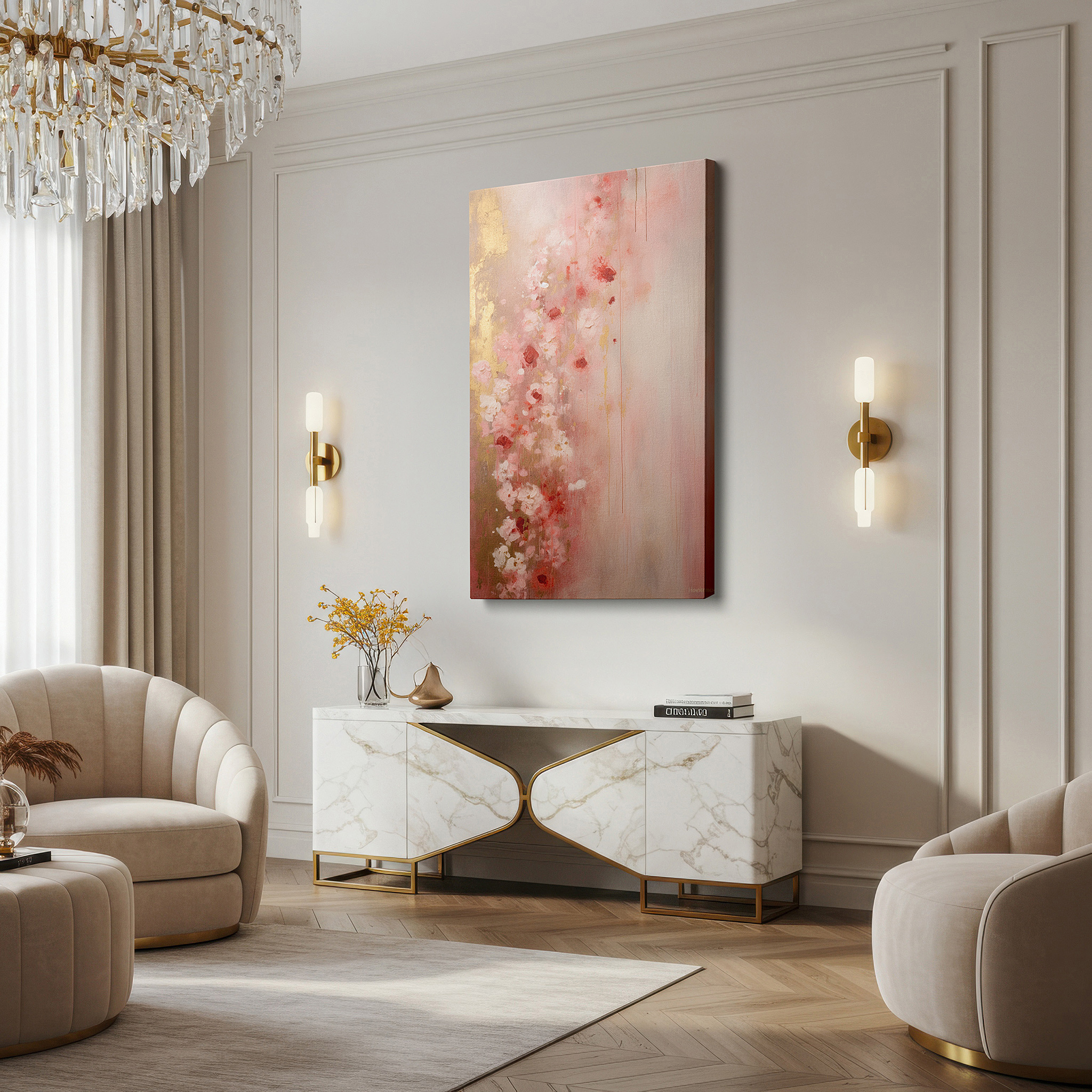 At 60×40 cm, this format fits effortlessly over dressers or benches — soft pink and red floral symphony with gold accents, large canvas wall art for office and bedroom decor