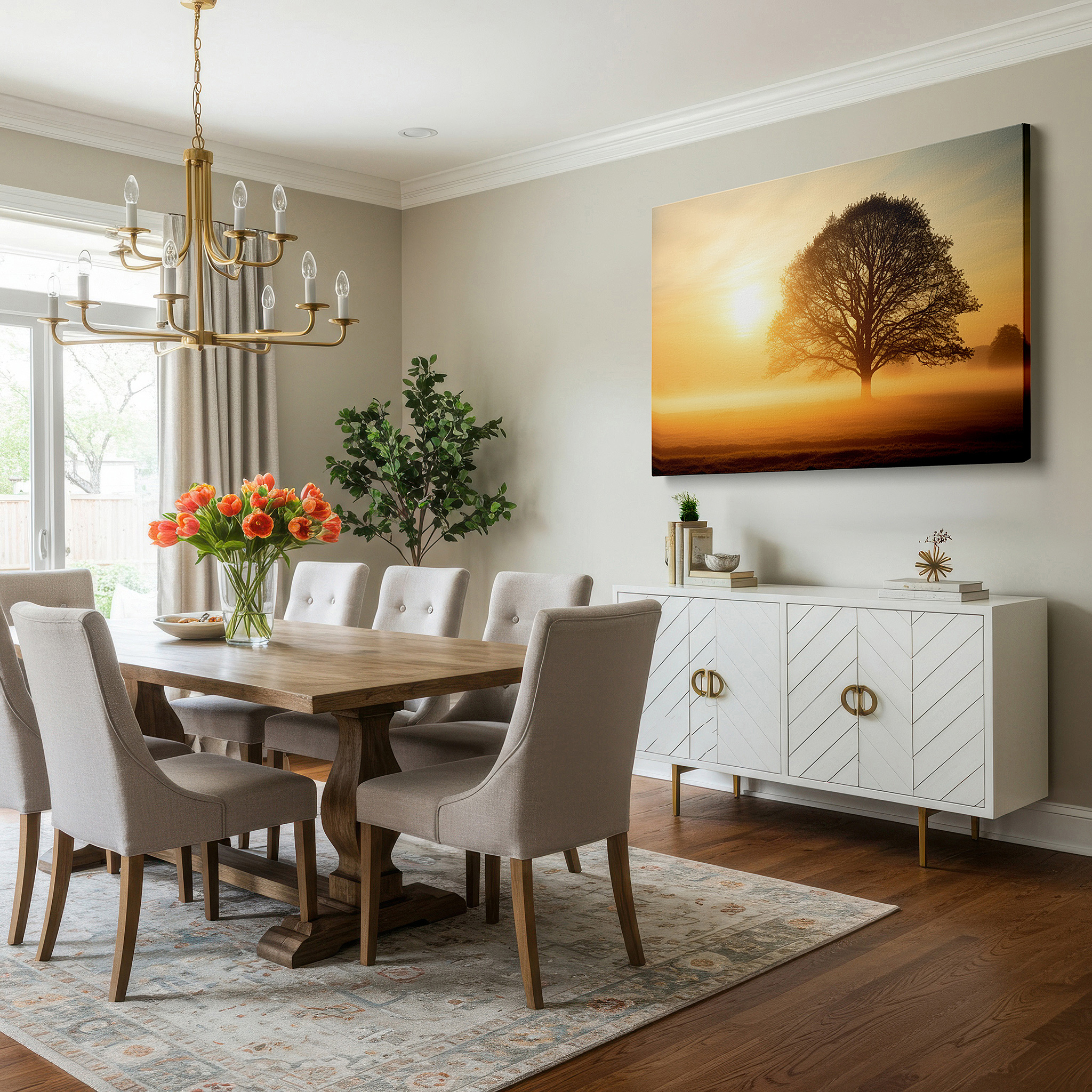 At 60×40 cm, this format fits effortlessly over dressers or benches — solitary tree silhouetted by dawn's light, large wall art featuring a gradient from indigo to orange, canvas wall art for office and bedroom decor