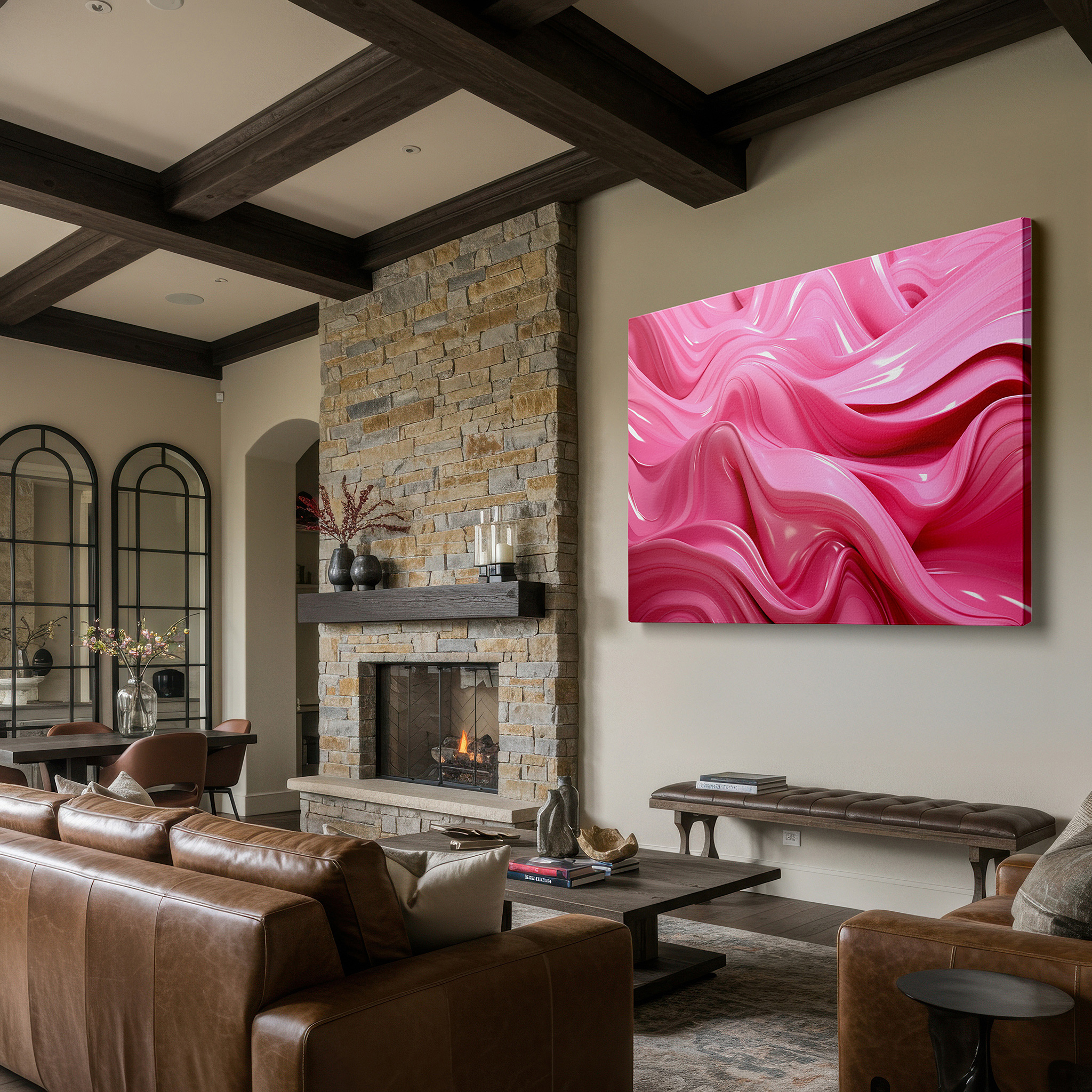 At 60×40 cm, this format fits effortlessly over dressers or benches — soothing pink waves, abstract expressionist large wall art, canvas decor for office, bedroom, and living room