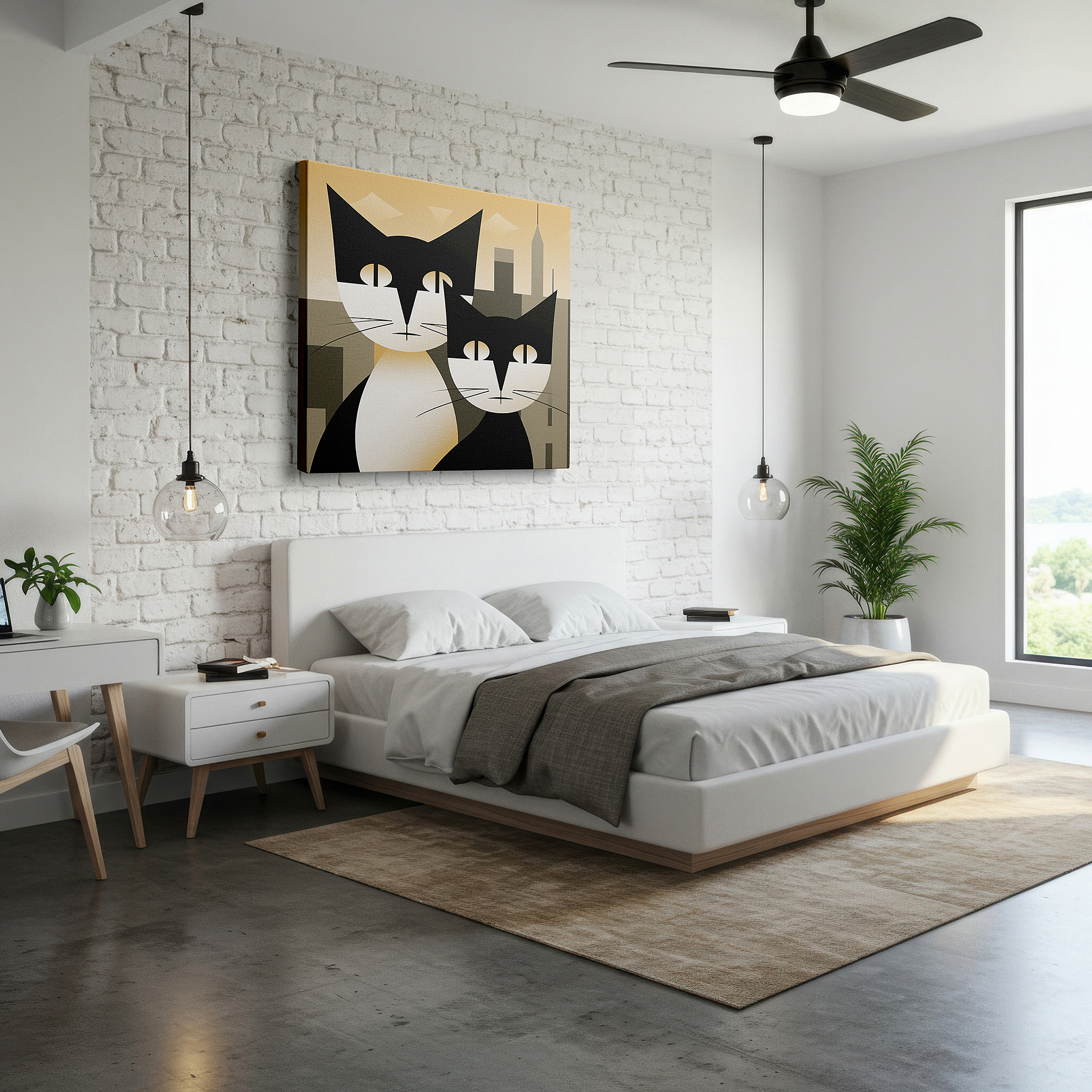At 60×40 cm, this format fits effortlessly over dressers or benches — stylized black and white cats on a pastel cityscape - large urban whimsy canvas wall art for office decor