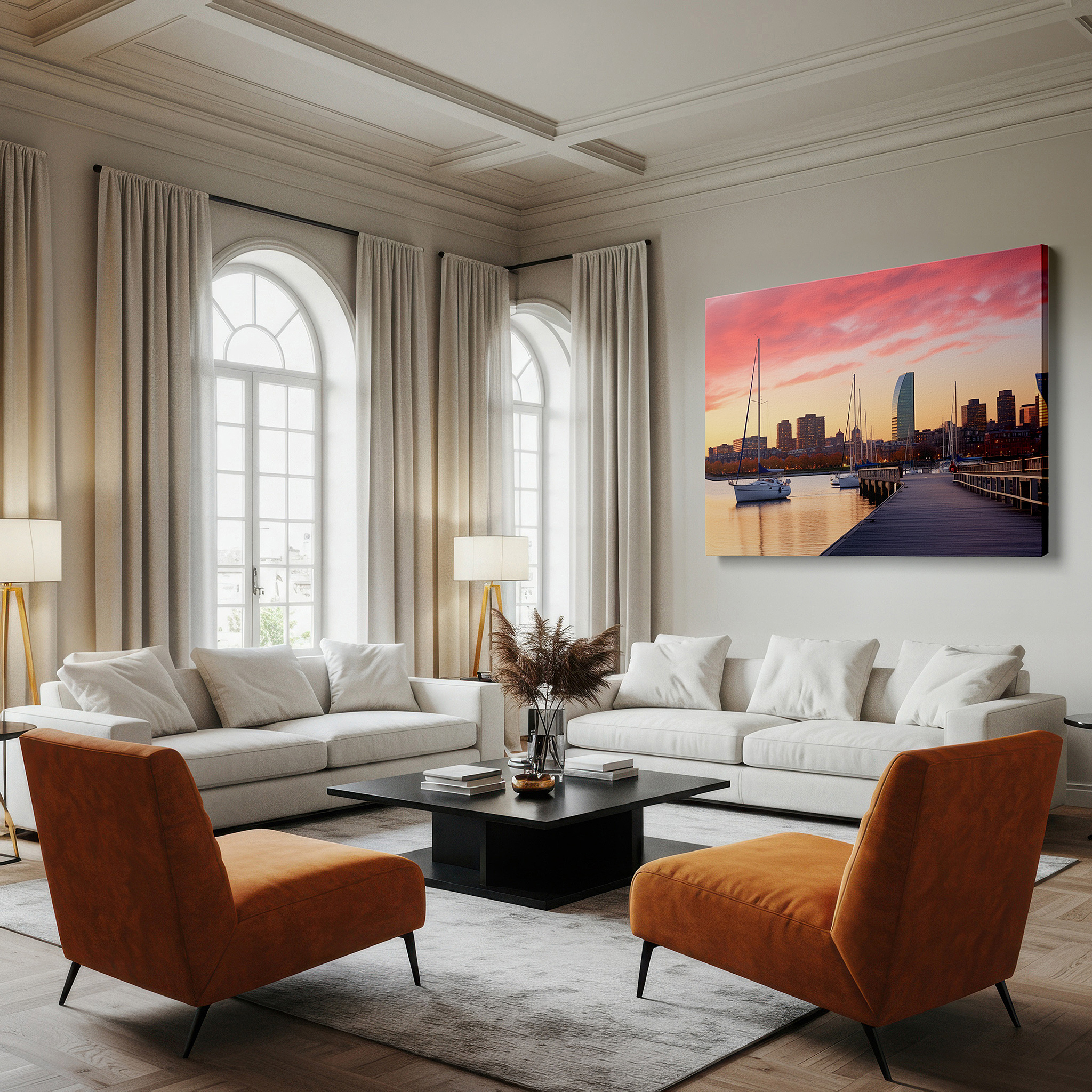 At 60×40 cm, this format fits effortlessly over dressers or benches — sunset over bustling harbor canvas print featuring sailboats and city skyline - ideal for office, bedroom, or living room decor