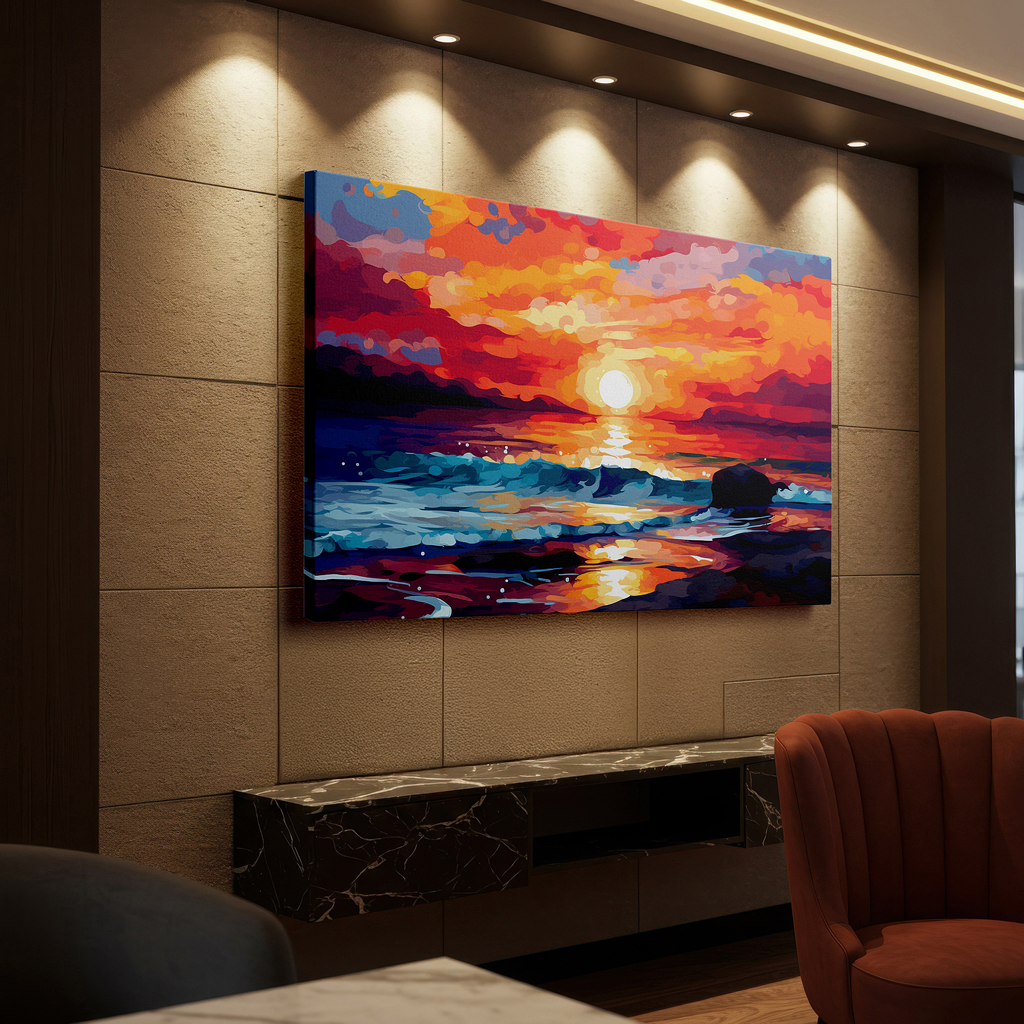 At 60×40 cm, this format fits effortlessly over dressers or benches — sunset over the ocean: a symphony of fiery hues and tranquil waves - large canvas wall art for office and bedroom decor