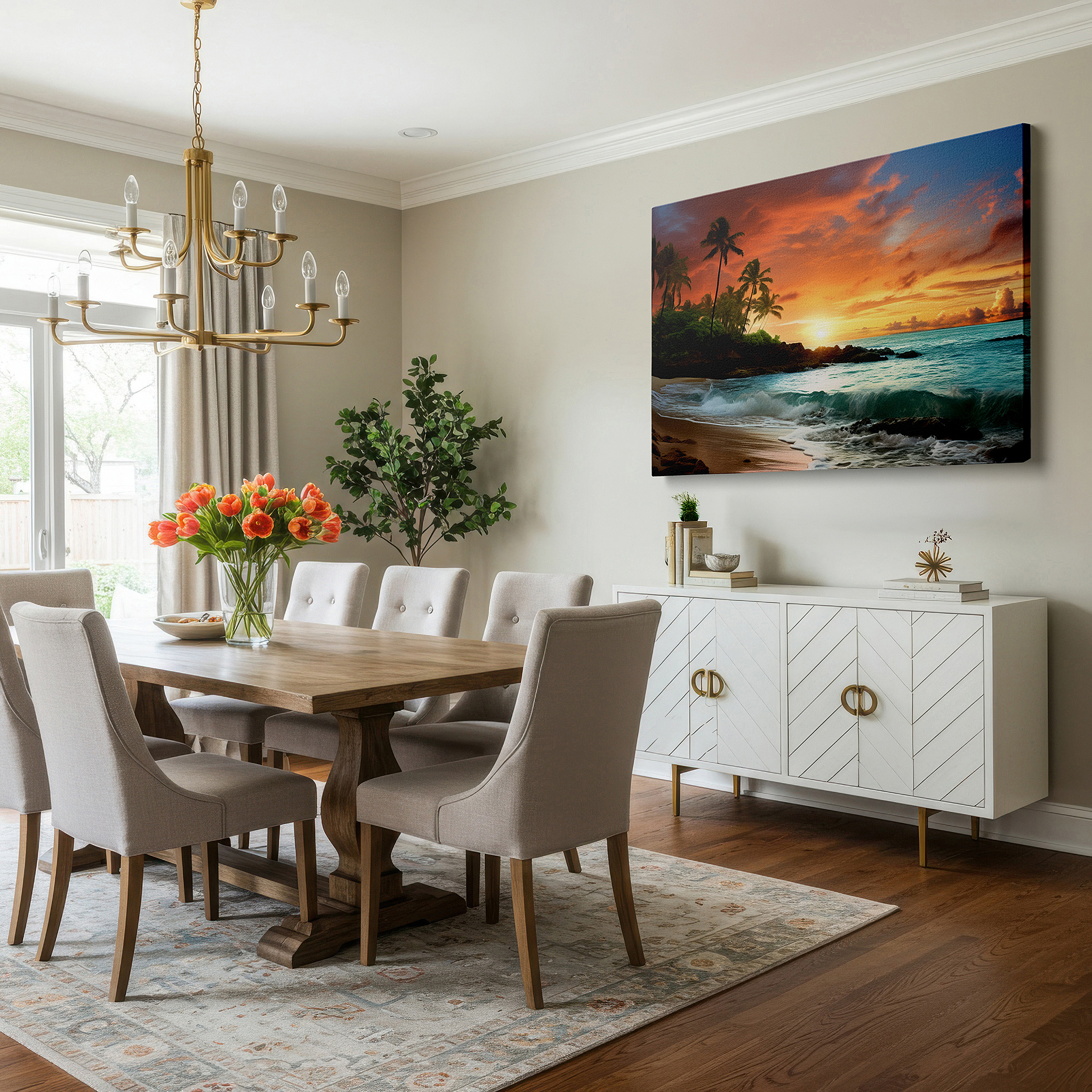 At 60×40 cm, this format fits effortlessly over dressers or benches — sunset serenity on a pristine beach with whispering waves and vibrant skies: large canvas wall art for office and bedroom decor