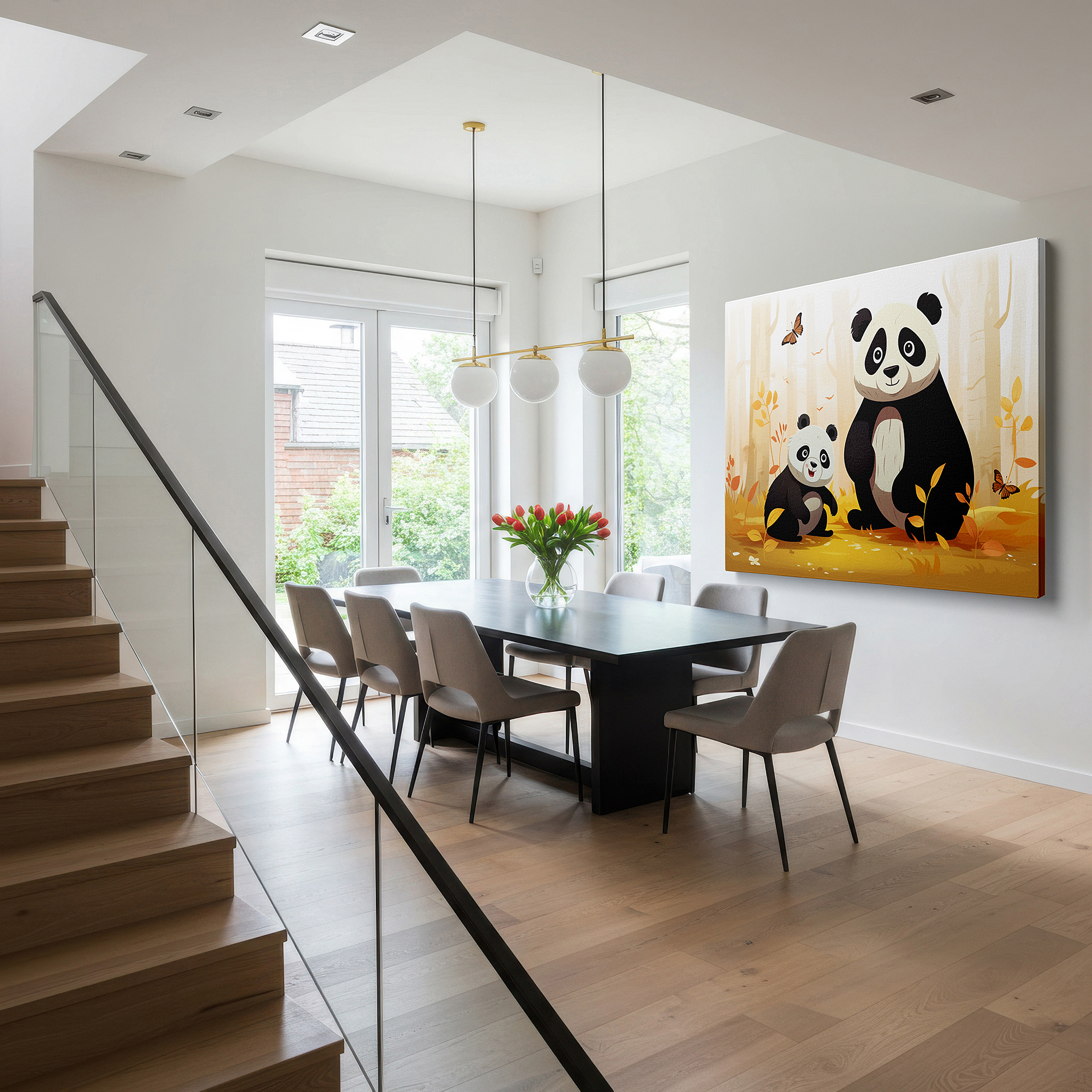 At 60×40 cm, this format fits effortlessly over dressers or benches — tender panda family embrace in vibrant autumn forest large canvas wall art for office, bedroom, and living room decor