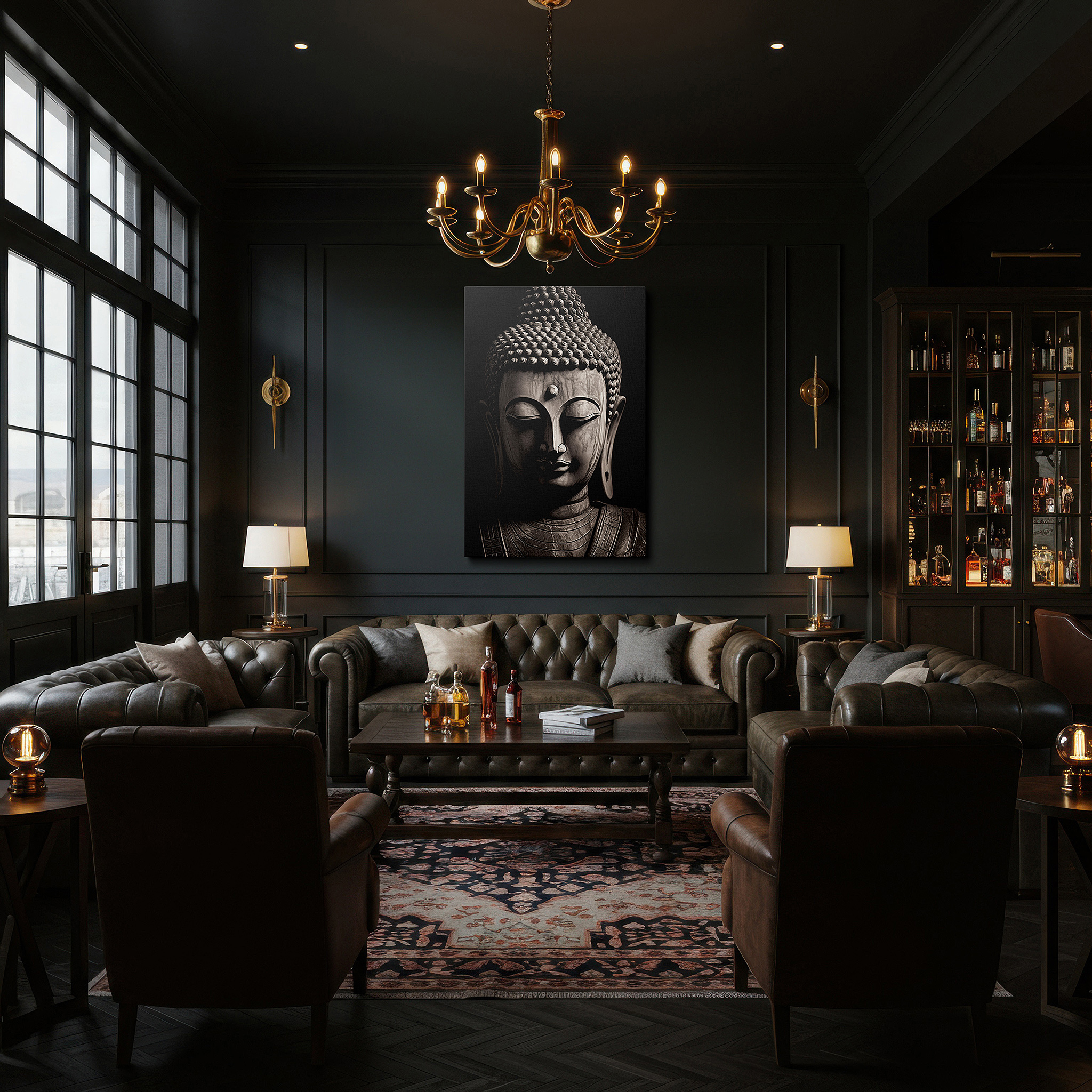 At 60×40 cm, this format fits effortlessly over dressers or benches — tranquil buddha sculpture wall art in black and white - large canvas for spiritual depth and serenity, ideal for office and bedroom decor