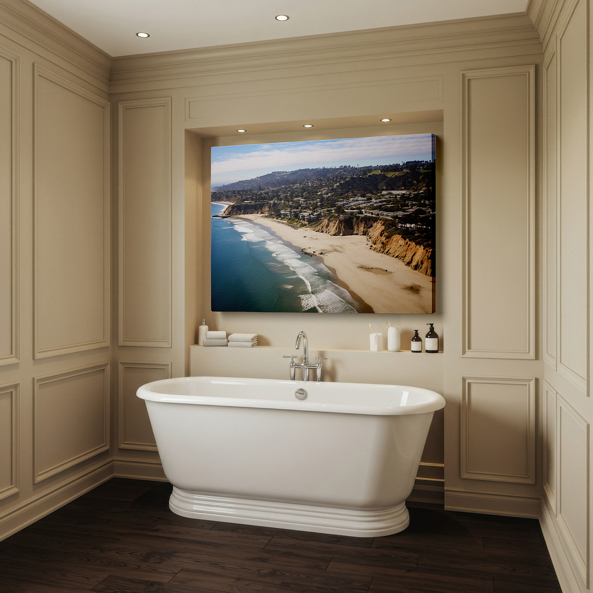 At 60×40 cm, this format fits effortlessly over dressers or benches — tranquil coastal paradise wall art featuring lush cliffs and pristine waters - large canvas for home and office decor, perfect for living room and bedroom