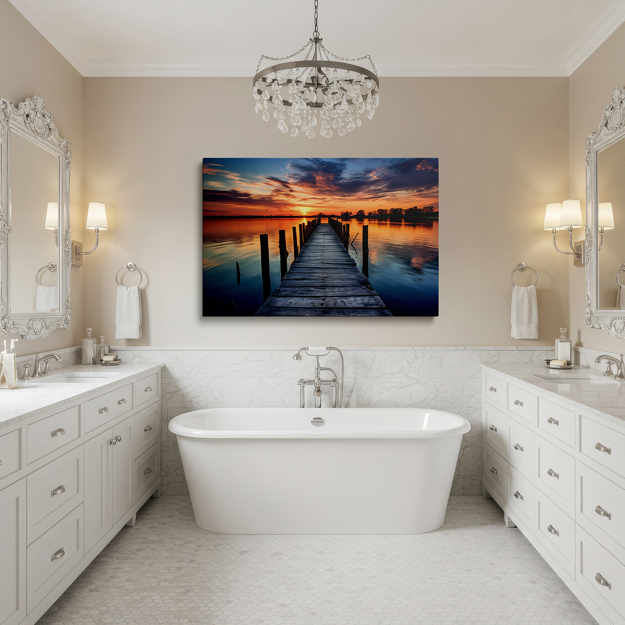 At 60×40 cm, this format fits effortlessly over dressers or benches — tranquil sunset and rustic dock canvas print - serene lake reflection and sky wall art for office and bedroom decor