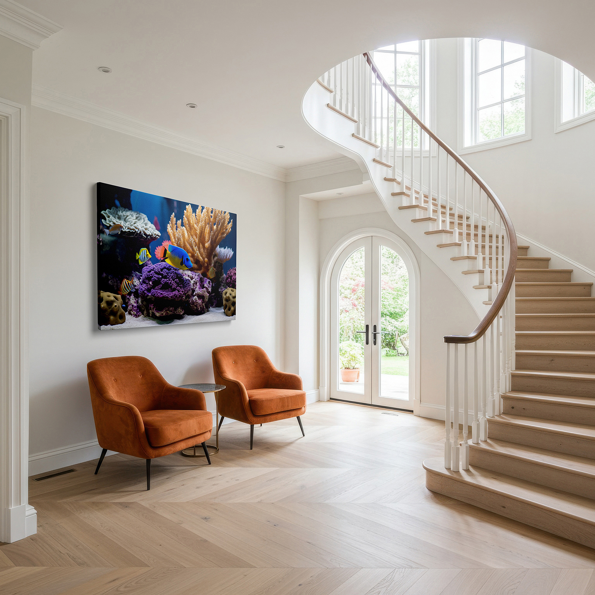 At 60×40 cm, this format fits effortlessly over dressers or benches — underwater paradise wall art: lush corals and vibrant marine life - large canvas for home and office decor, perfect for living room and bedroom