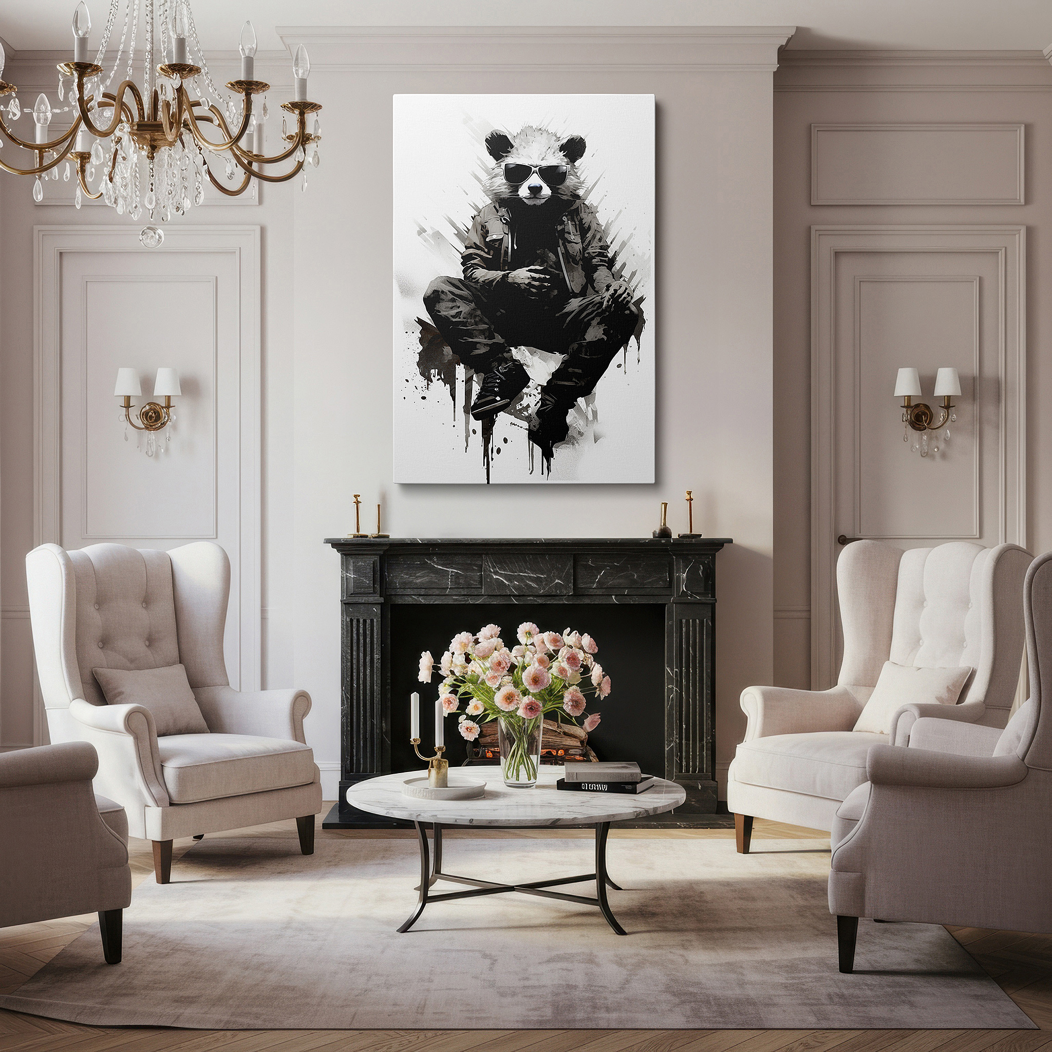 At 60×40 cm, this format fits effortlessly over dressers or benches — urban-chic panda wall art: blending nature and culture in trendy attire - perfect for office, bedroom, and living room decor