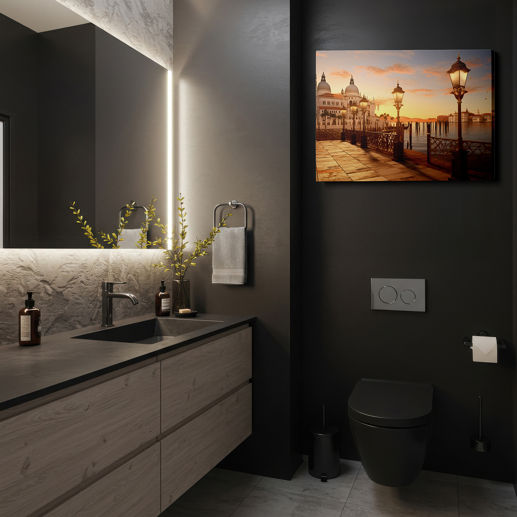 At 60×40 cm, this format fits effortlessly over dressers or benches — venetian waterfront at dusk: a symphony of light and romance - large canvas wall art for office, bedroom, and living room decor