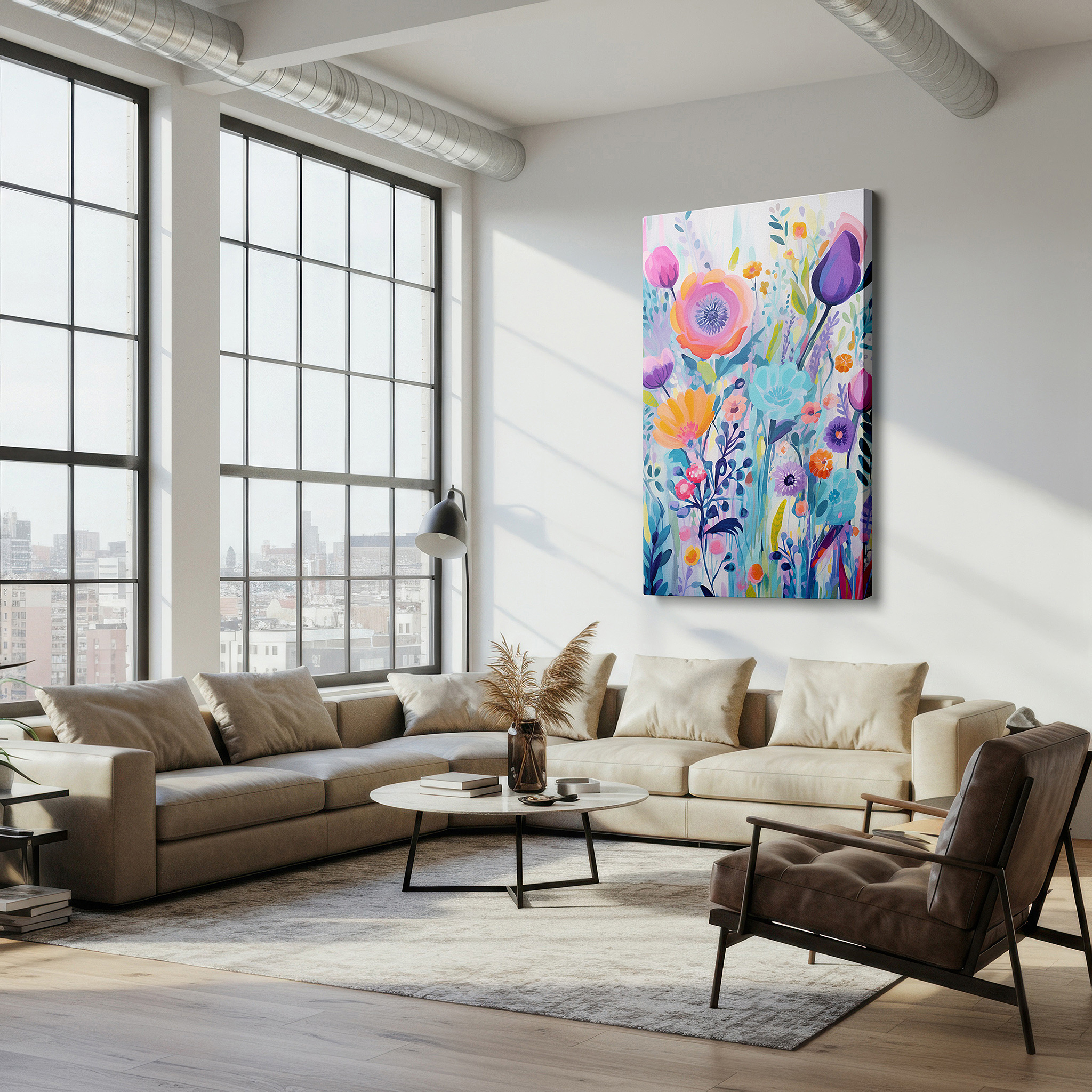 At 60×40 cm, this format fits effortlessly over dressers or benches — vibrant abstract floral masterpiece featuring dynamic shapes and bright colors to celebrate nature's beauty - large canvas wall art