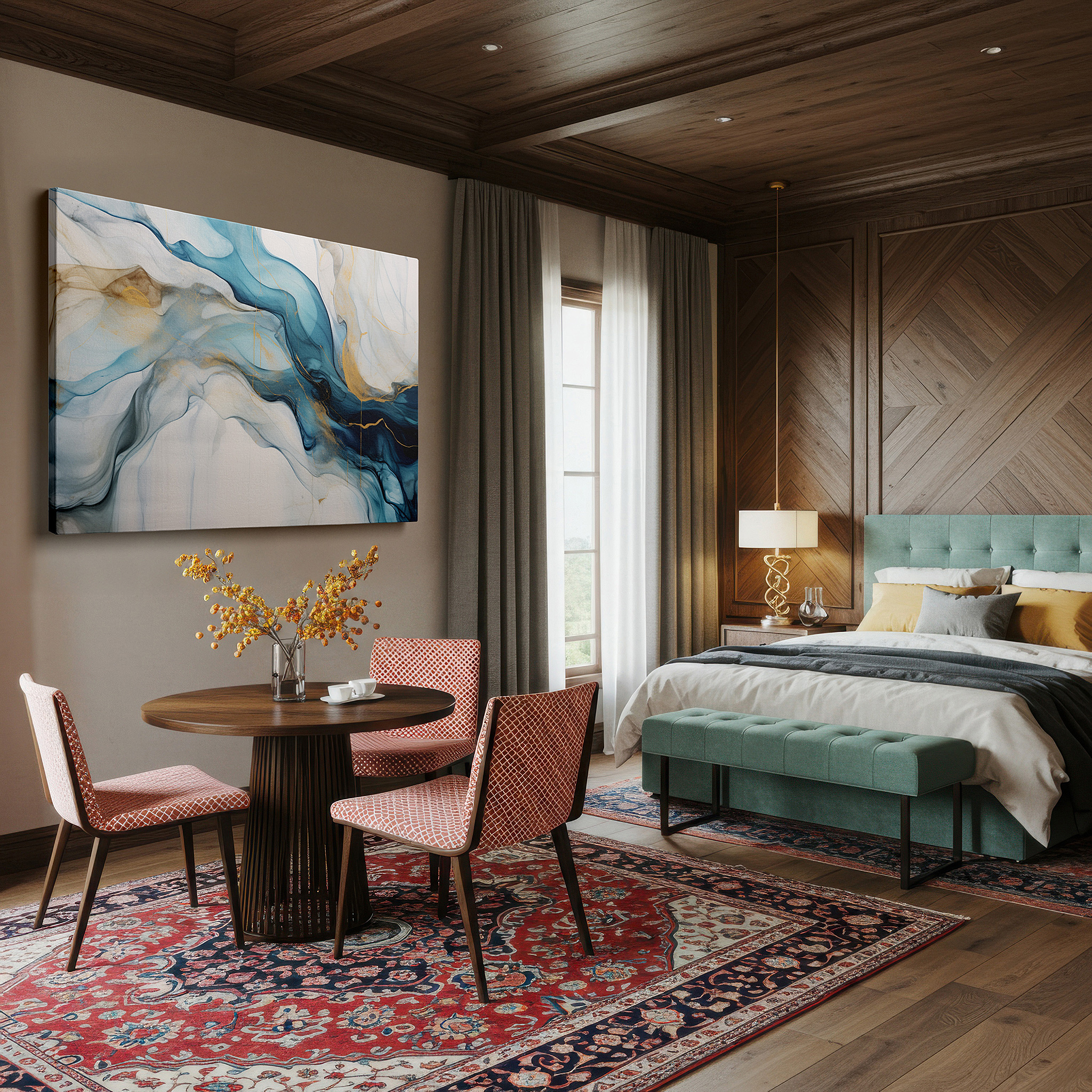 At 60×40 cm, this format fits effortlessly over dressers or benches — vibrant blues and glowing golds in abstract harmony: oversized canvas wall art for office, bedroom, and living room decor