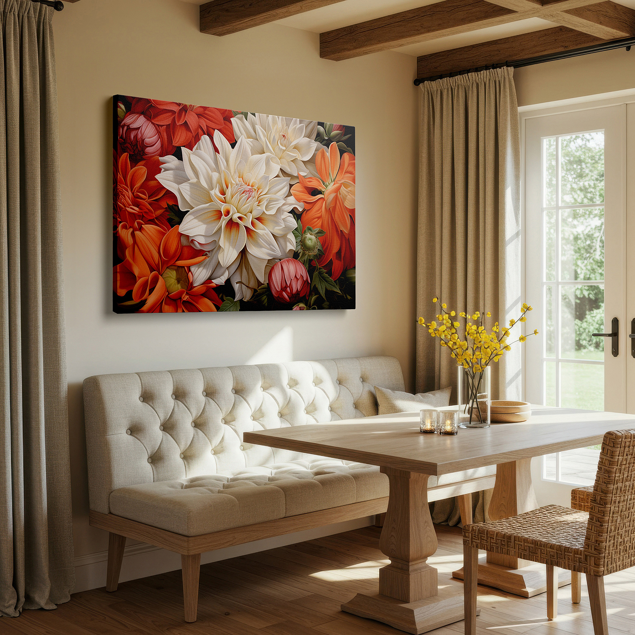At 60×40 cm, this format fits effortlessly over dressers or benches — vibrant celebration of nature: floral mastery in large canvas wall art for home and office decor