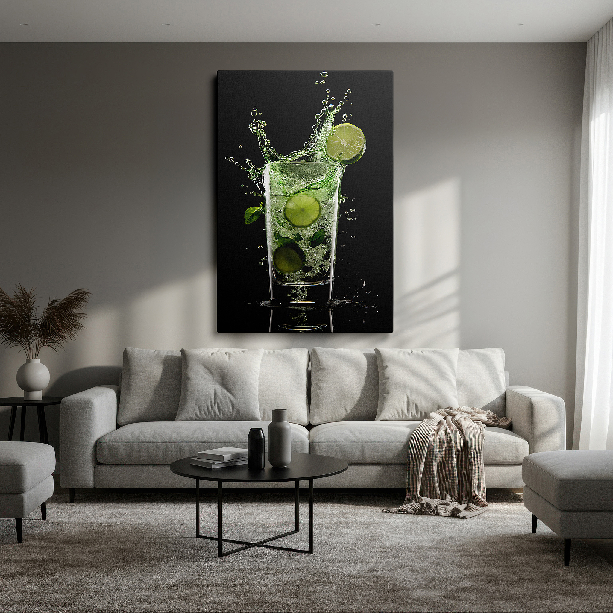 At 60×40 cm, this format fits effortlessly over dressers or benches — vibrant limeade splash wall art with radiant greens and dynamic lighting, large canvas wall decor for office and bedroom
