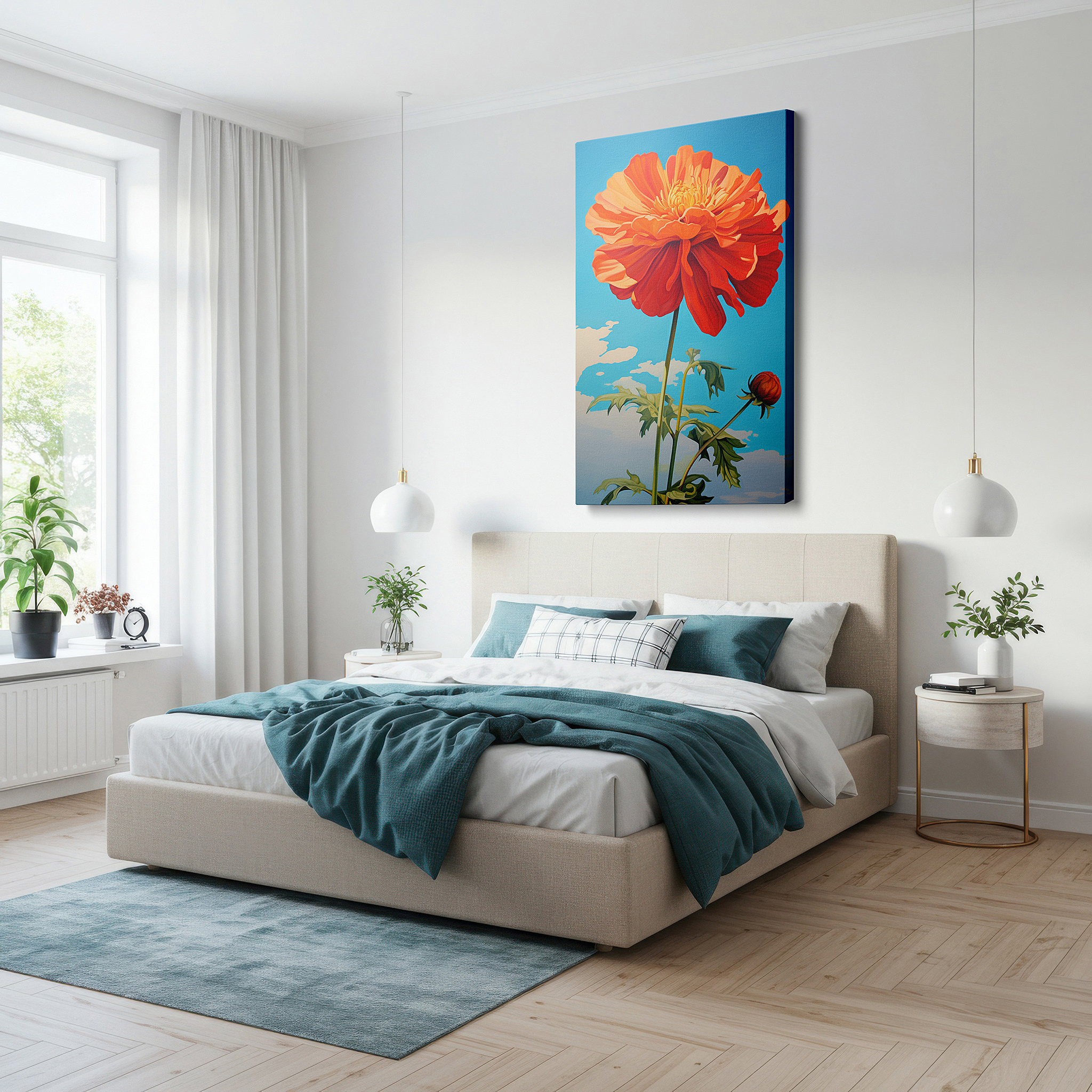 At 60×40 cm, this format fits effortlessly over dressers or benches — vibrant orange flower against serene blue sky - celebrating nature's dynamic beauty, large canvas wall art for home and office decor