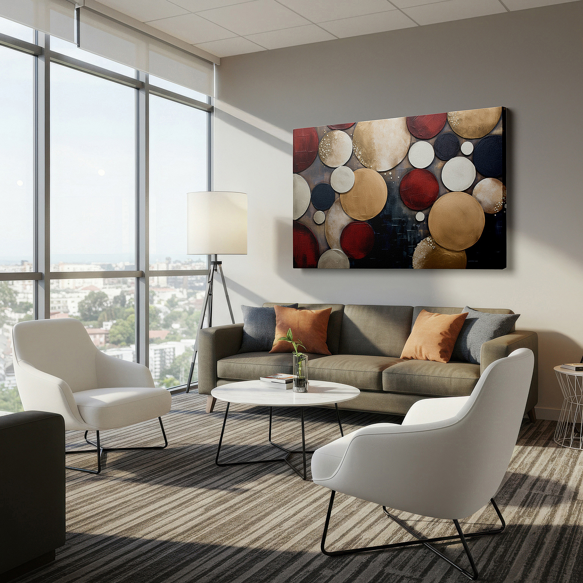 At 60×40 cm, this format fits effortlessly over dressers or benches — vibrant overlapping circles large wall art for modern spaces, canvas wall decor for office and bedroom