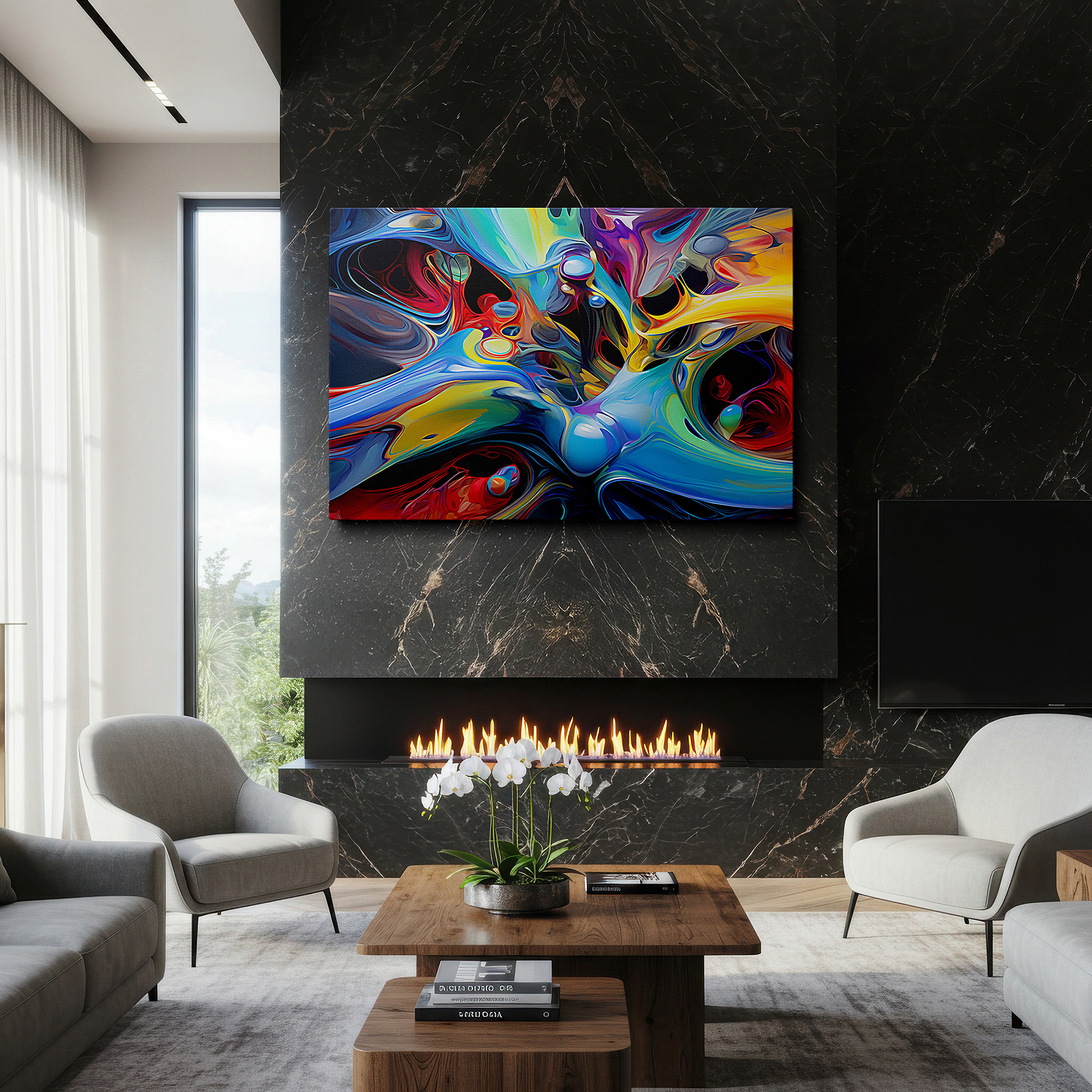 At 60×40 cm, this format fits effortlessly over dressers or benches — vibrant symphony of movement and emotion: large wall art in blues, reds, and yellows for office and bedroom decor, canvas wall art