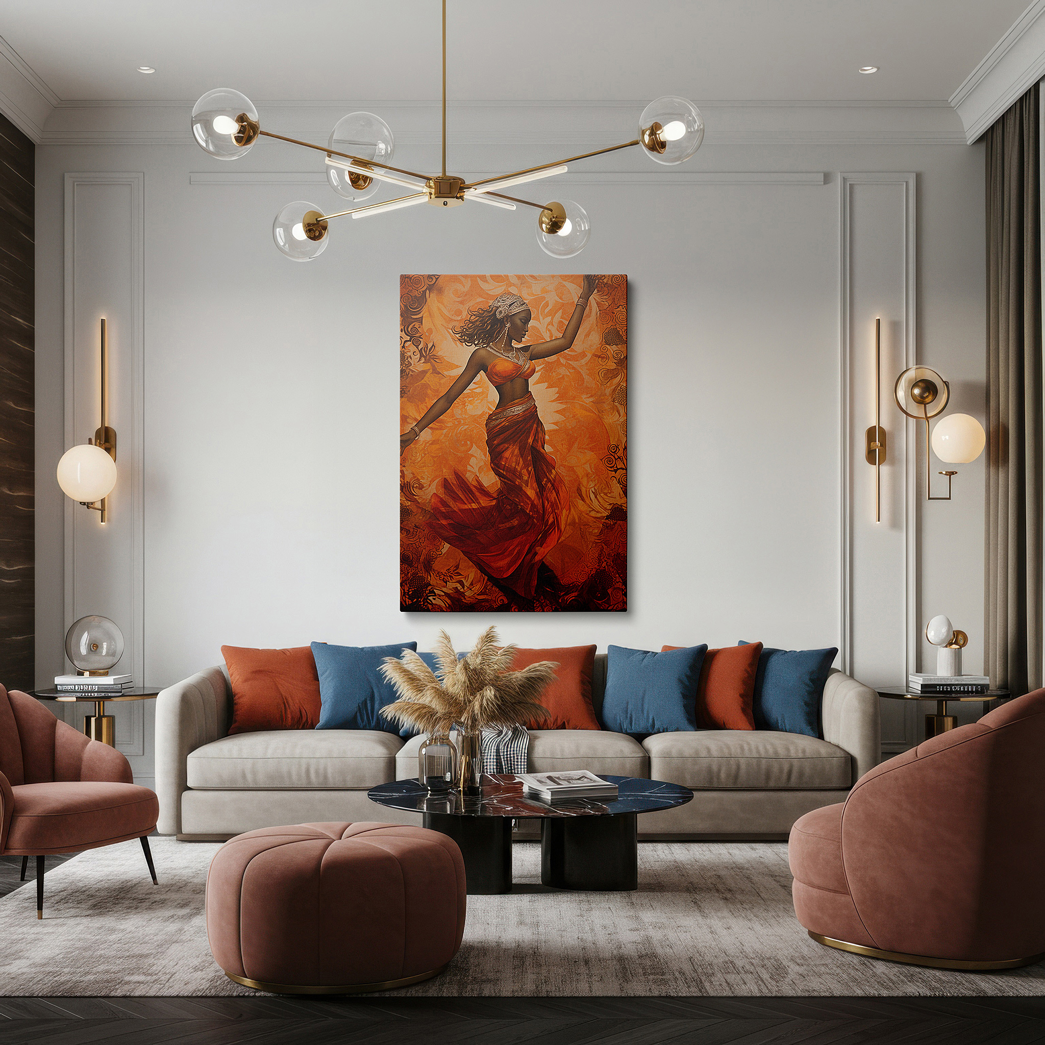 At 60×40 cm, this format fits effortlessly over dressers or benches — wall art: celebrating cultural identity with a graceful dance of tradition in vibrant orange - large canvas wall art for office and bedroom decor