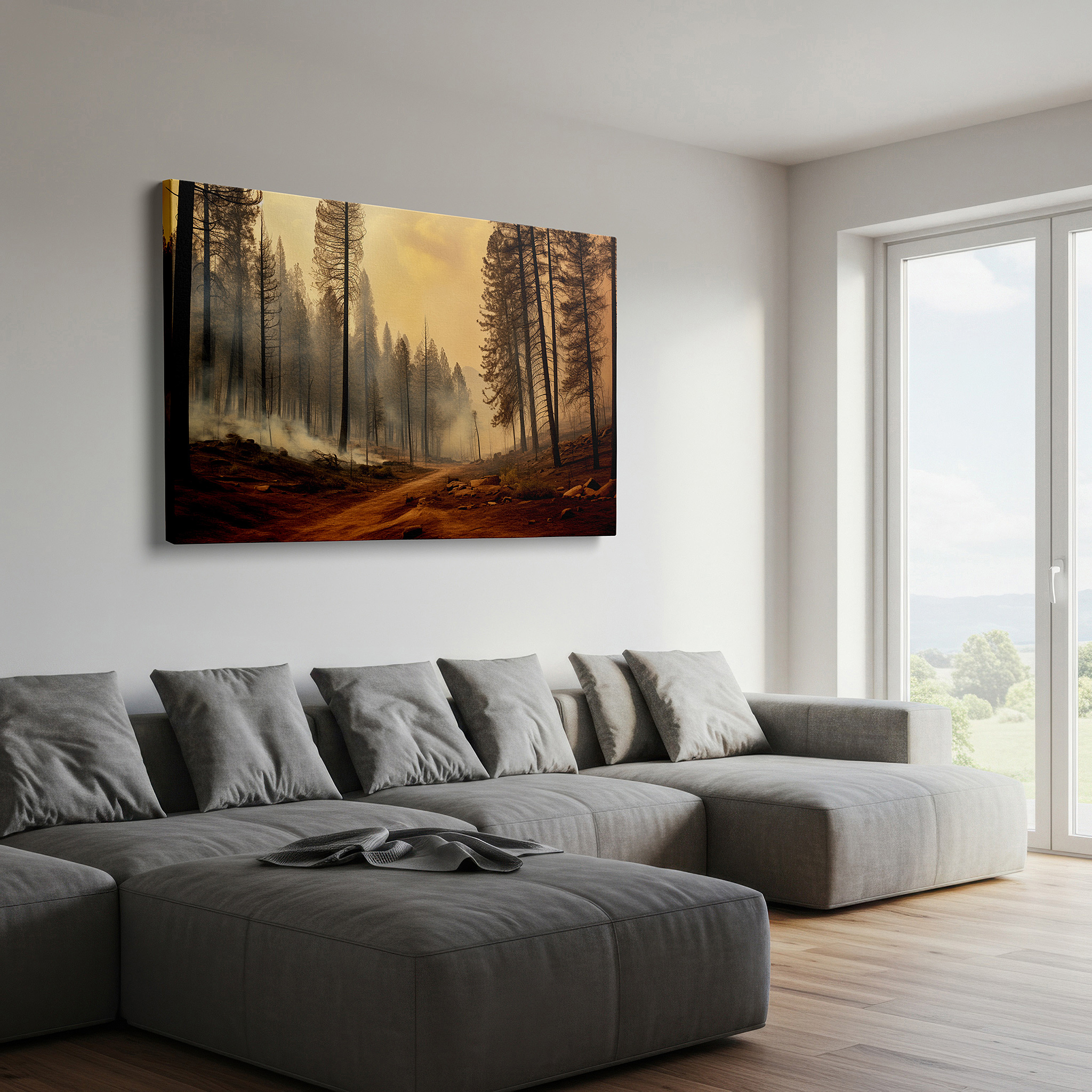 At 60×40 cm, this format fits effortlessly over dressers or benches — wall art: charred forest resilience - a poignant reflection on nature's cycle of destruction and renewal. large canvas wall art for home and office decor.