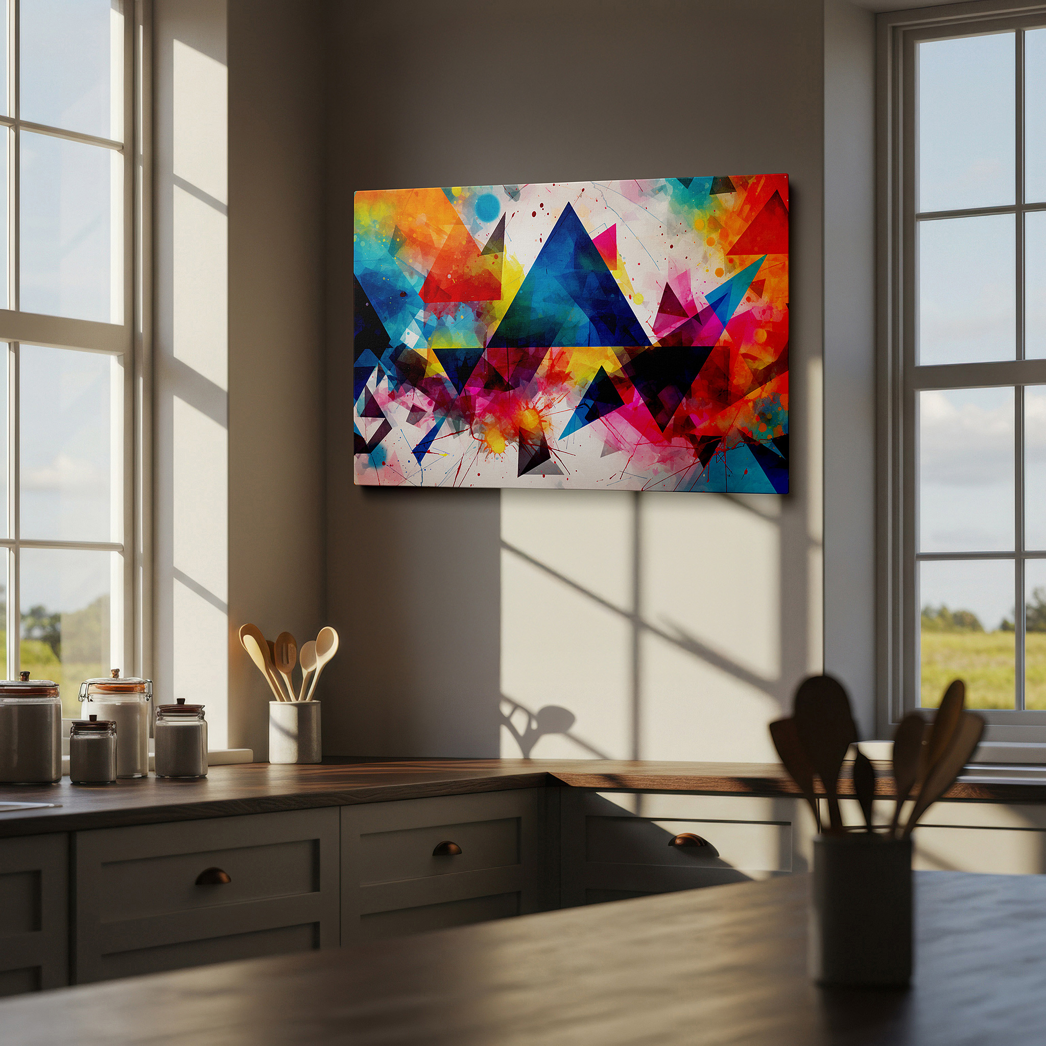 At 60×40 cm, this format fits effortlessly over dressers or benches — wall art: contemporary abstract large canvas featuring a vibrant spectrum of geometric vitality, ideal for office, living room, and bedroom decor.