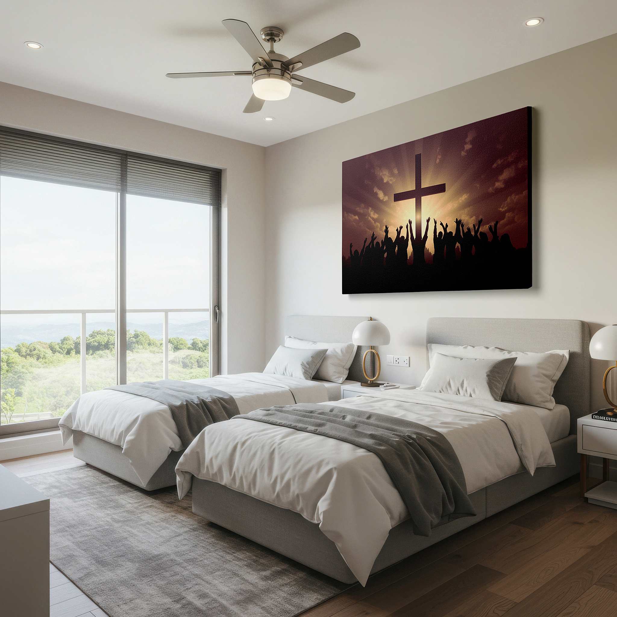 At 60×40 cm, this format fits effortlessly over dressers or benches — wall art: a crowd united in worship at sunrise, silhouetted against a majestic cross, symbolizing light and hope - large canvas wall art