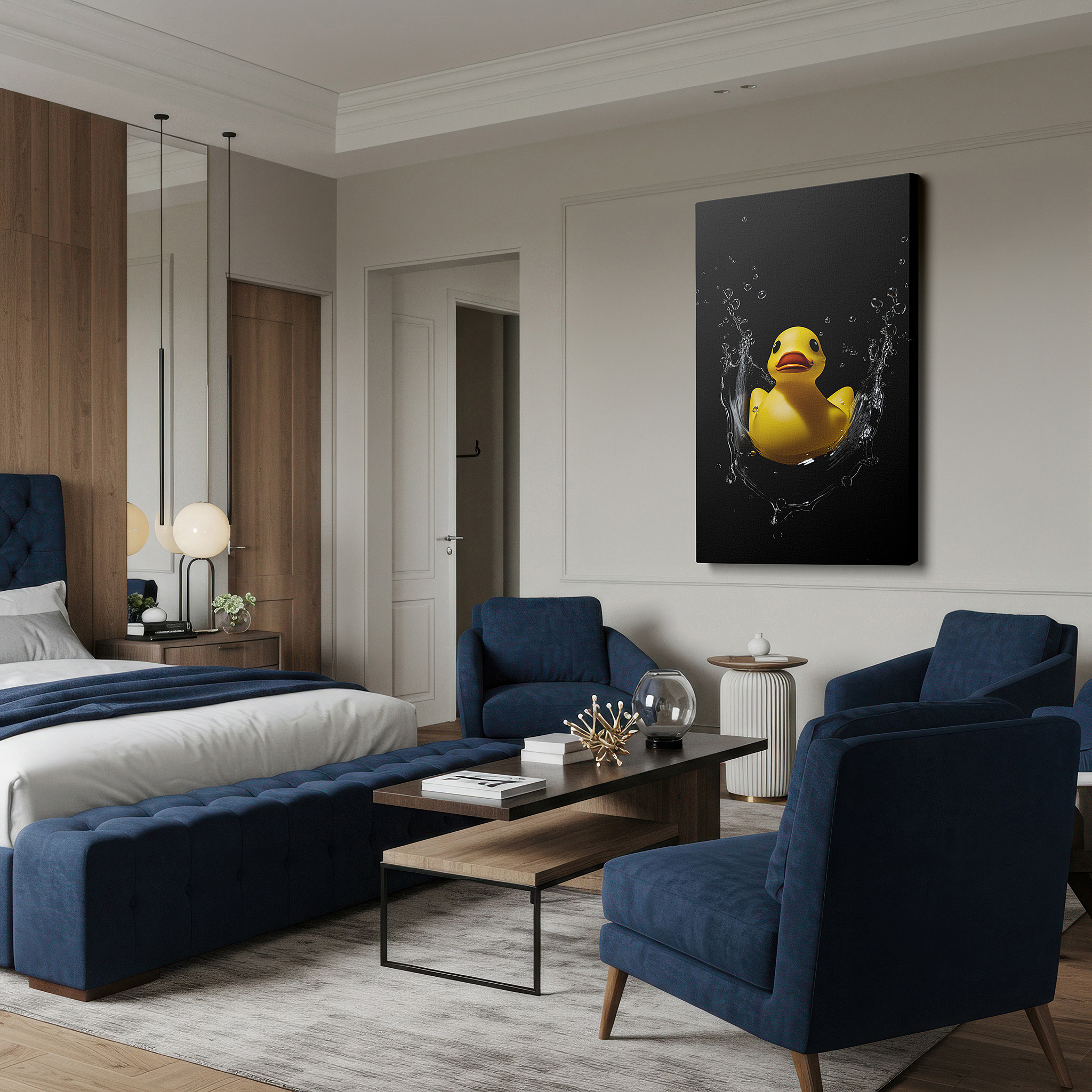 At 60×40 cm, this format fits effortlessly over dressers or benches — wall art: delightful yellow duck happily drifting with lively splashes and whimsical bubbles - large canvas wall art for office and bedroom decor