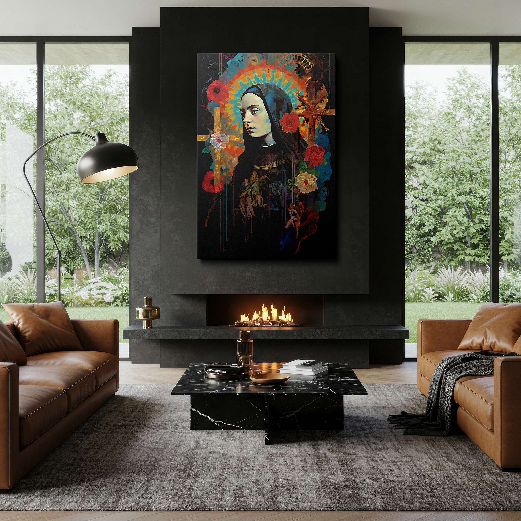 At 60×40 cm, this format fits effortlessly over dressers or benches — wall art: experience saintly serenity with blooming flowers - a tranquil, spiritual tapestry. perfect for home or office decor, available as large canvas wall art.