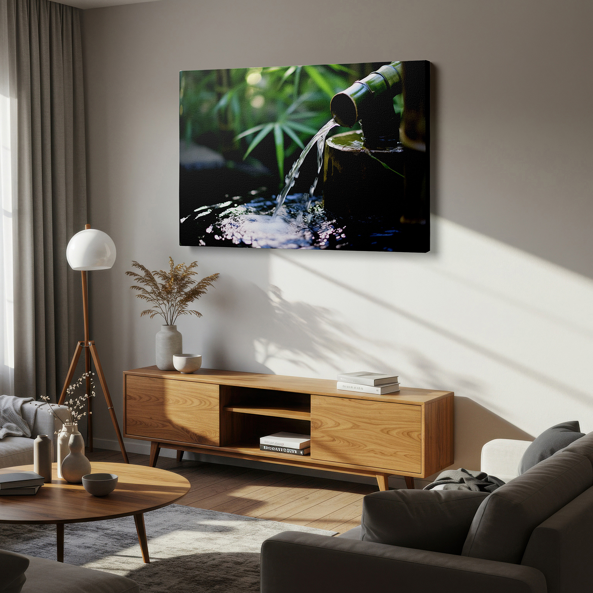 At 60×40 cm, this format fits effortlessly over dressers or benches — wall art: serene bamboo water feature surrounded by vibrant greenery, sunlit garden oasis large canvas wall art for office decor