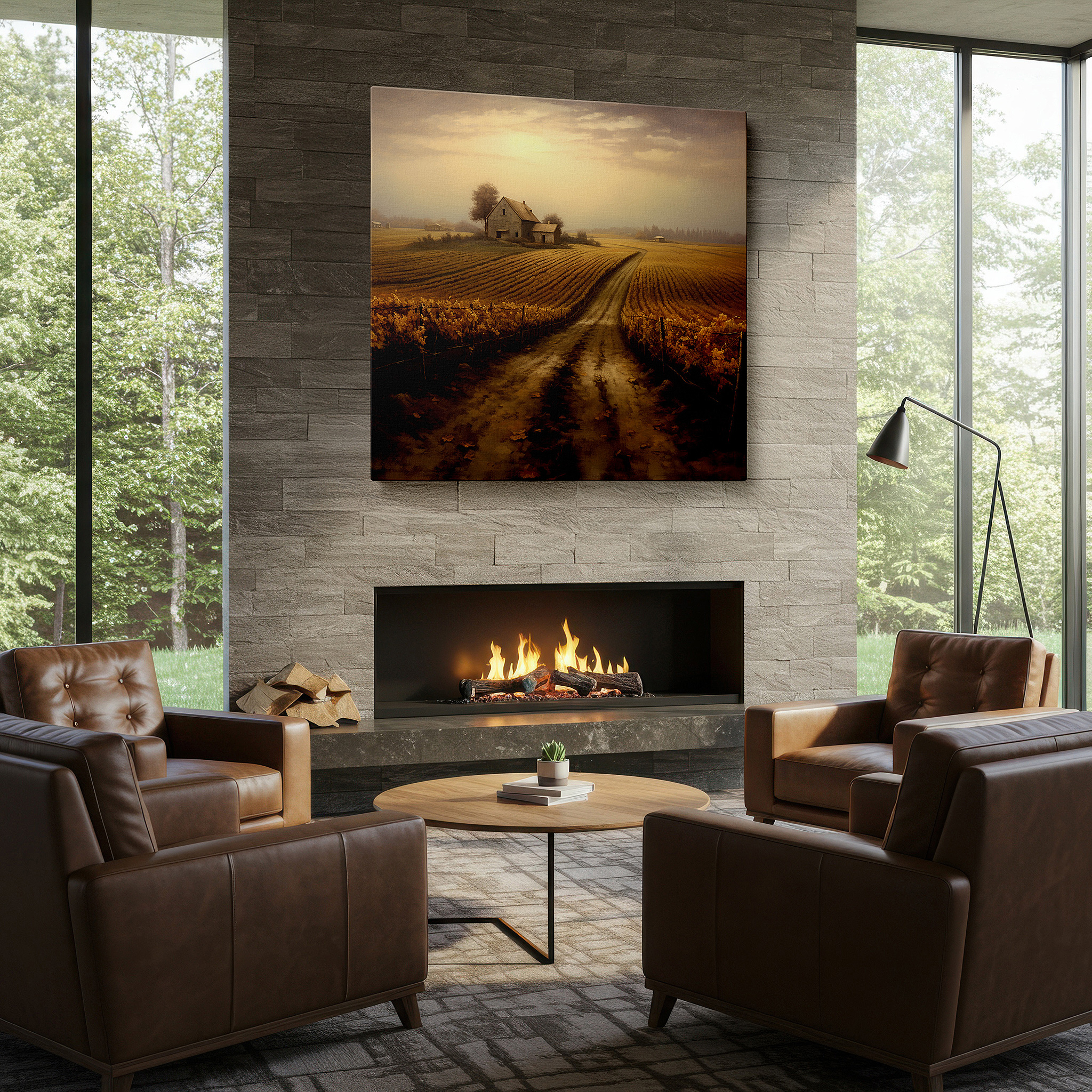 At 60×40 cm, this format fits effortlessly over dressers or benches — wall art: serene homestead and vibrant vineyards beneath a gentle dusk sky - large canvas wall art for office, bedroom, and living room decor