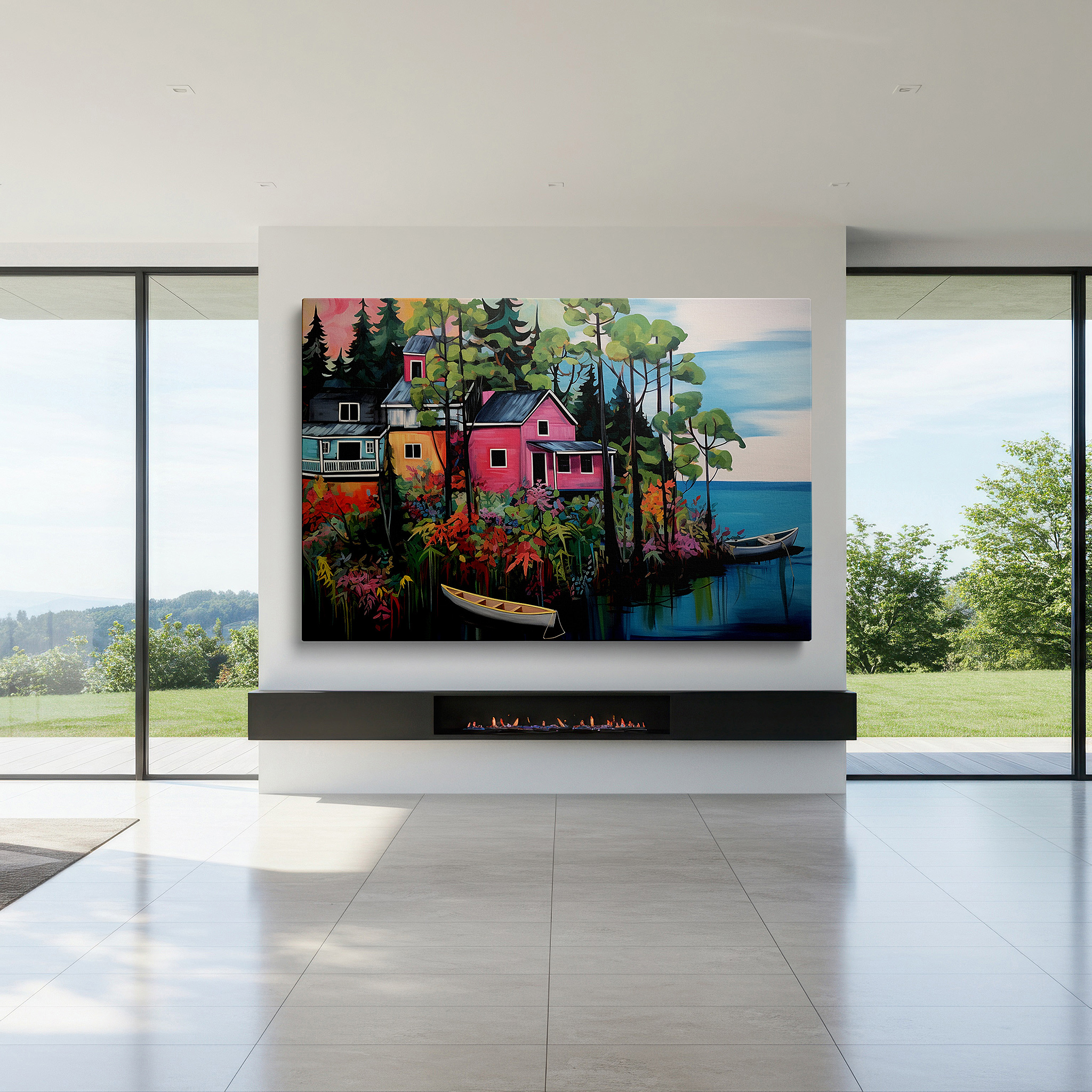 At 60×40 cm, this format fits effortlessly over dressers or benches — wall art: serene lakeside getaway featuring bright houses and lively flower scenery - large canvas wall art for home and office decor, perfect for living room and bedroom