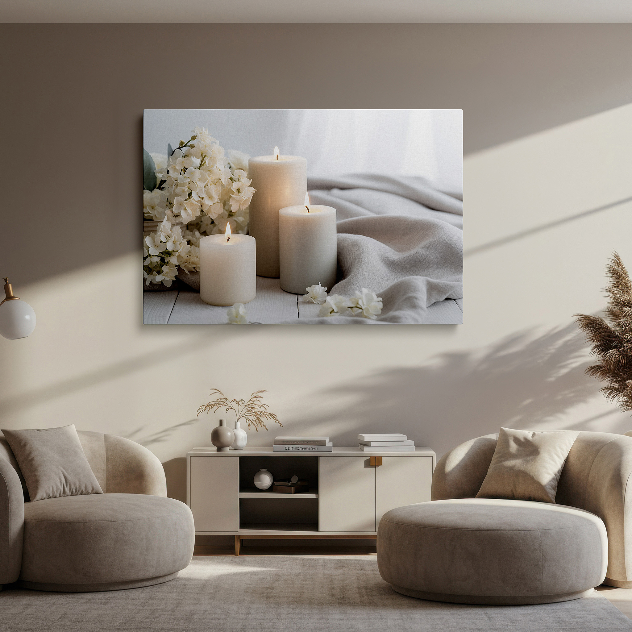 At 60×40 cm, this format fits effortlessly over dressers or benches — wall art: serene white flowers and gentle candlelight - create a peaceful haven in any space with large canvas art for offices and bedrooms