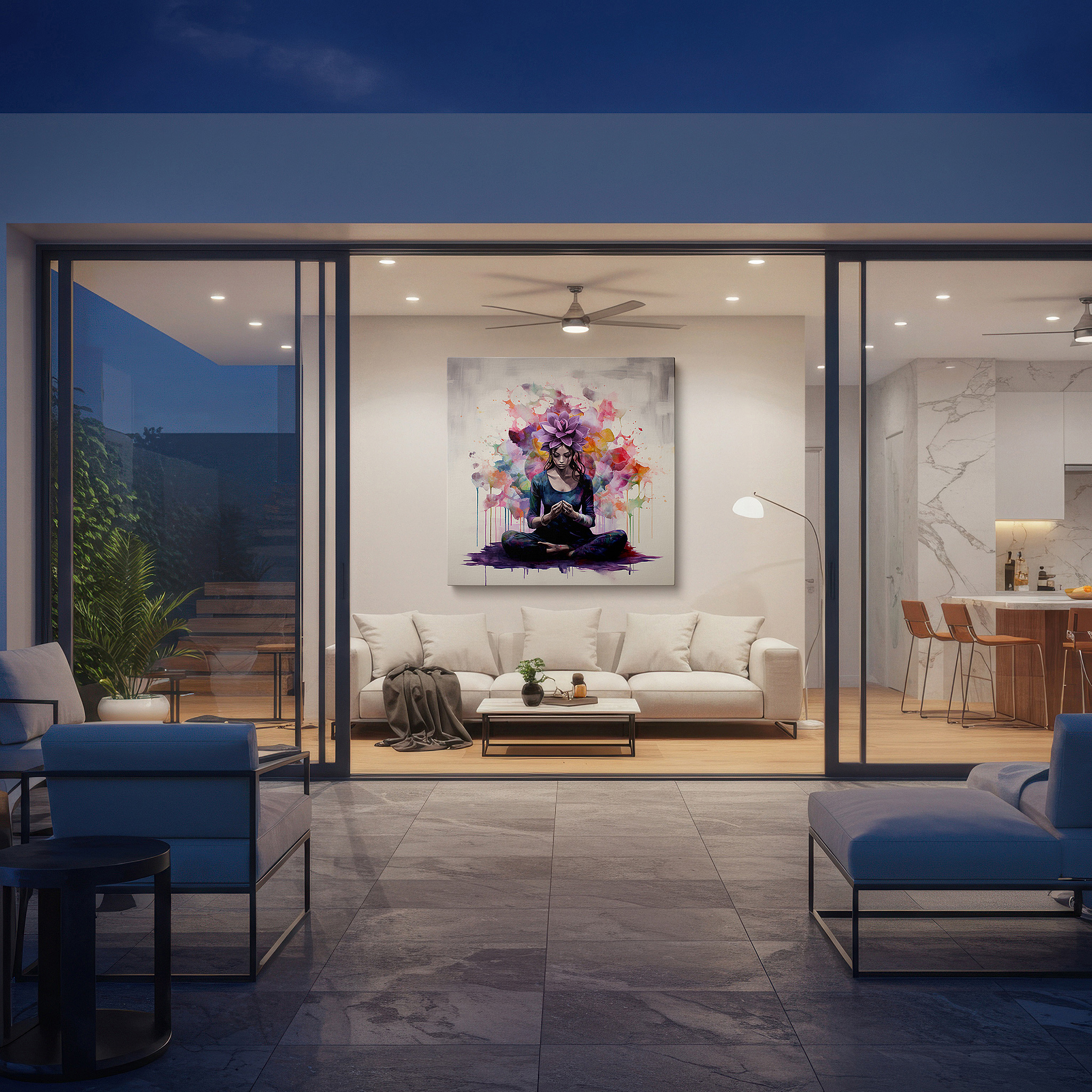 At 60×40 cm, this format fits effortlessly over dressers or benches — wall art: tranquil meditation with vivid abstracts and floral designs - large canvas wall art for office and bedroom decor