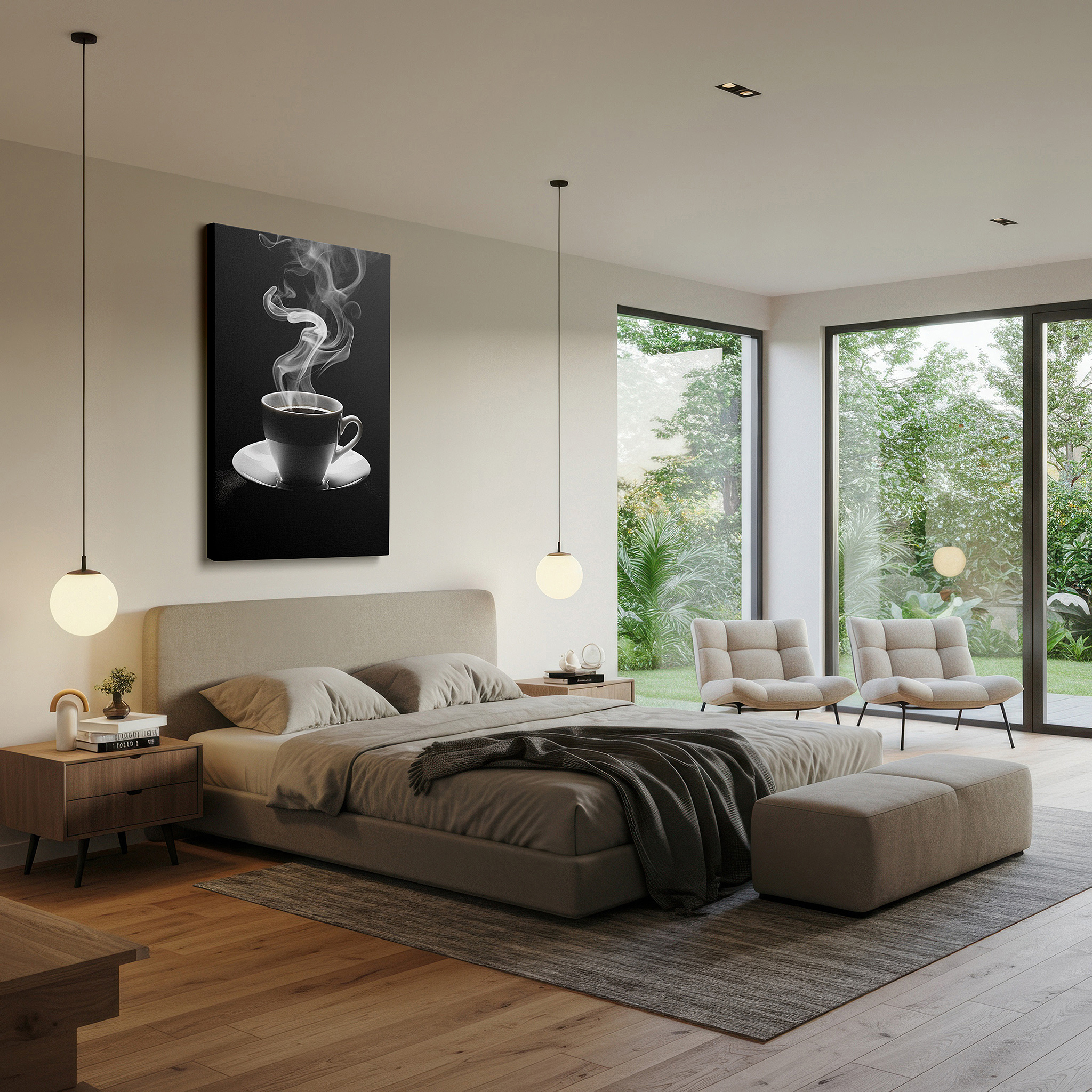 At 60×40 cm, this format fits effortlessly over dressers or benches — wall art: "a tranquil morning" featuring a steaming cup of coffee, embodying warmth and simplicity. ideal for large spaces, canvas decor, and office environments.