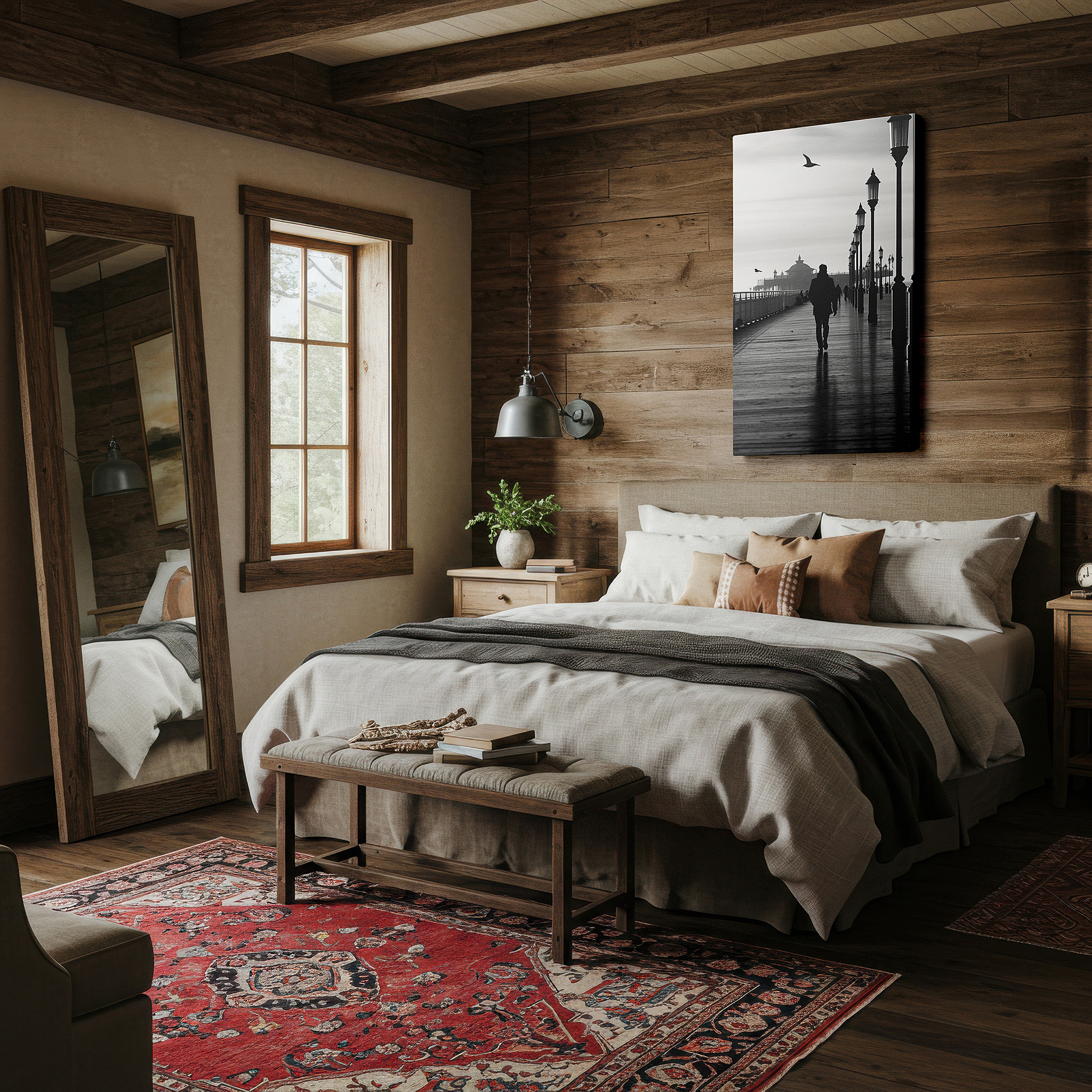 At 60×40 cm, this format fits effortlessly over dressers or benches — wall decor: a lone figure on an ageless pier, old-fashioned lanterns light the way to reflection - large canvas art for home and office