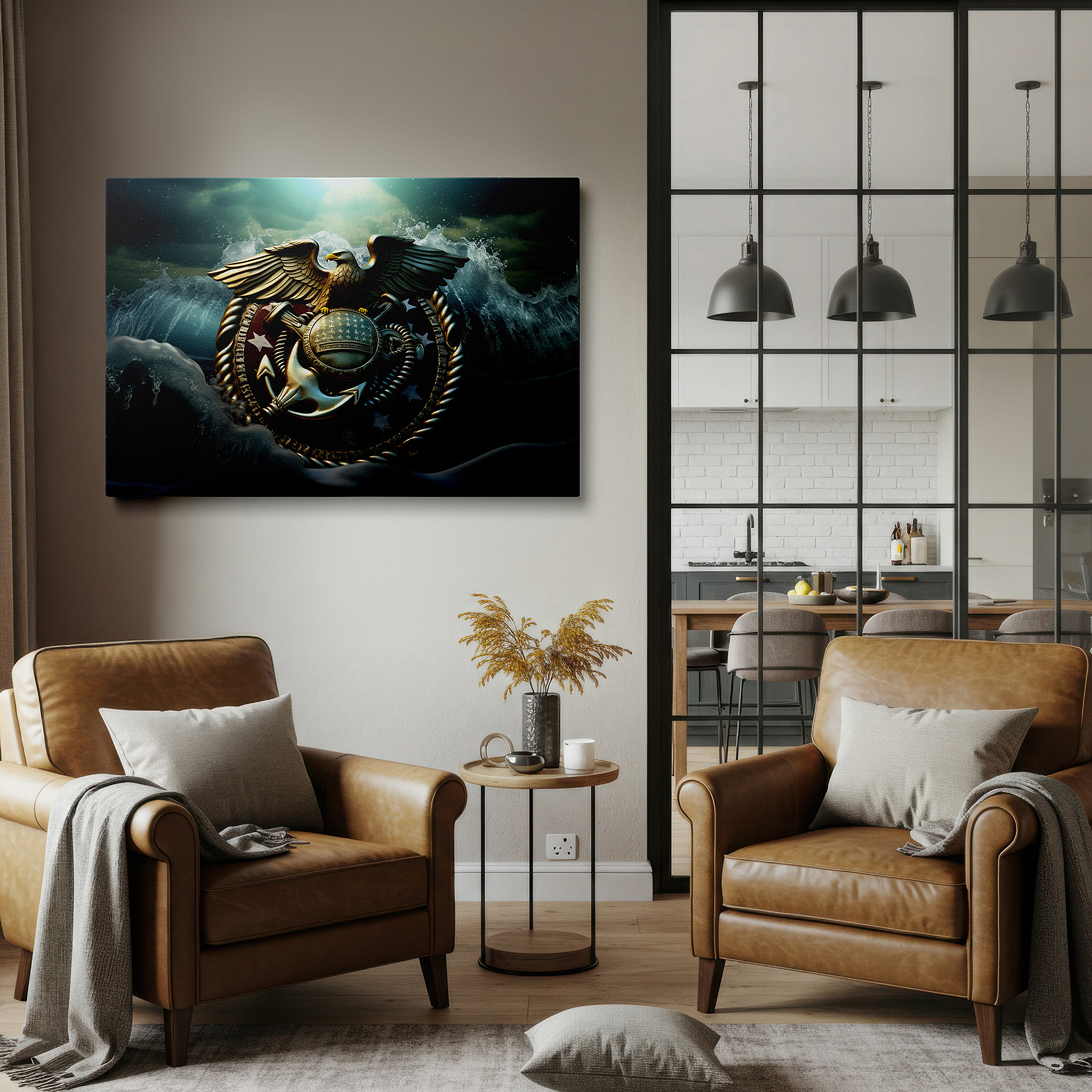 At 60×40 cm, this format fits effortlessly over dressers or benches — wall decor: majestic eagle on weathered anchor, emblematic of maritime power and national pride - large canvas art for office walls