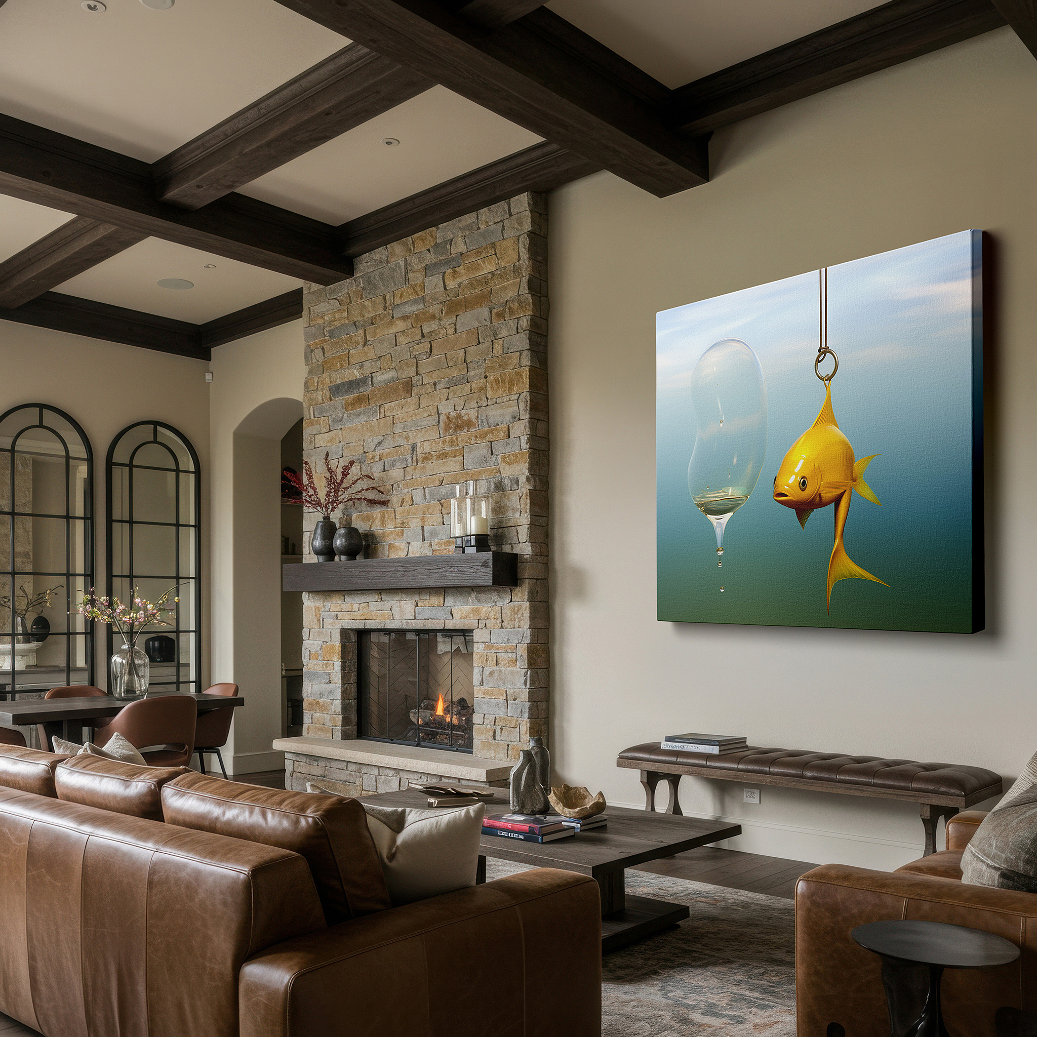 At 60×40 cm, this format fits effortlessly over dressers or benches — whimsical yellow fish and elegant wine glass dance in surreal harmony: large canvas wall art for office and bedroom decor