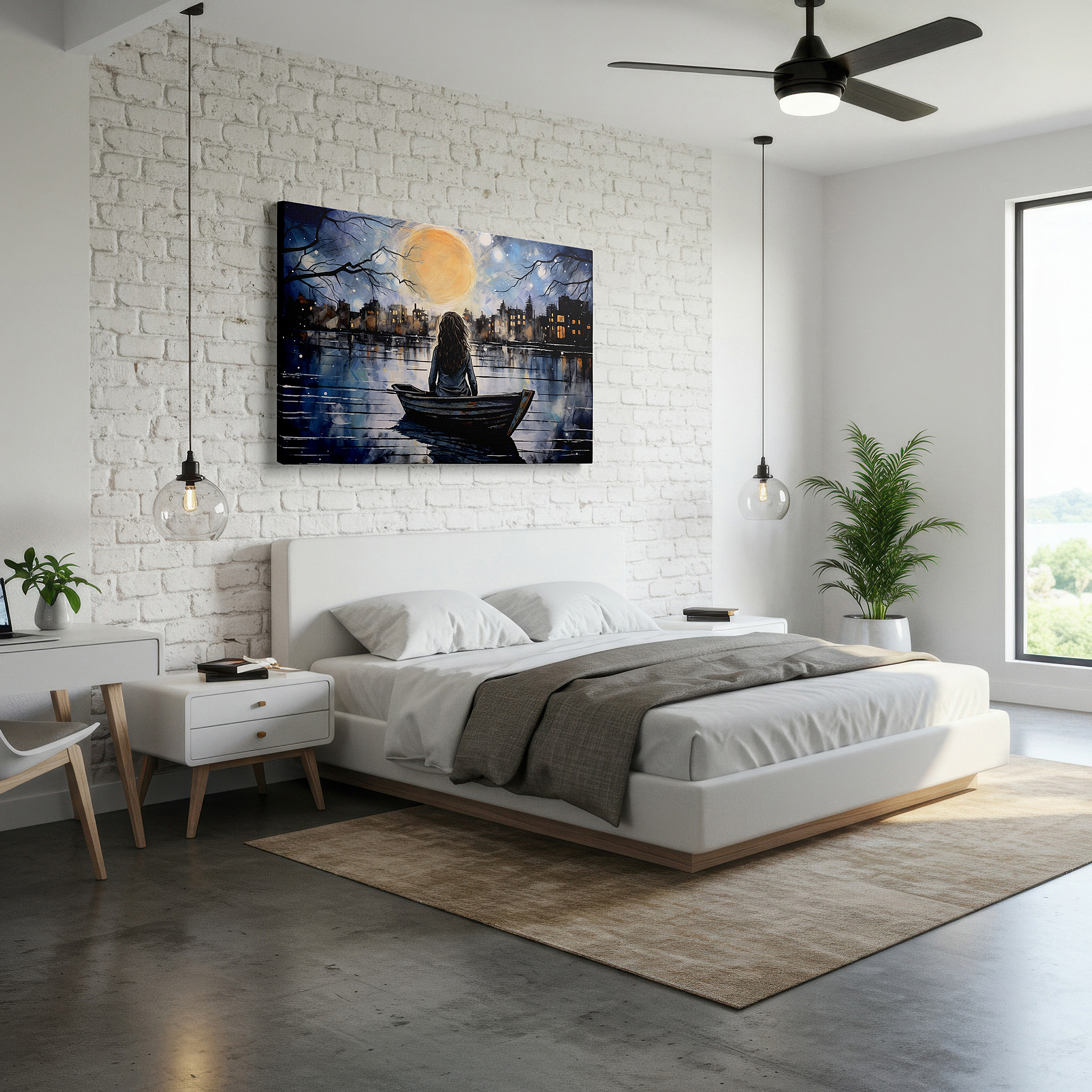 At 60×40 cm, this format fits effortlessly over dressers or benches — young girl in a boat under moonlight, cityscape silhouette night scene, large canvas wall art for home and office decor