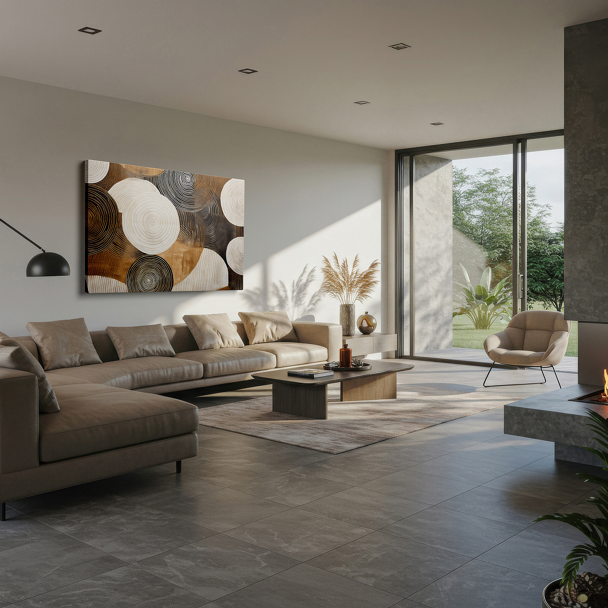 The 75×50 cm version anchors medium rooms without dominating them — abstract elegance in black, white, and gold with circular motifs for a serene visual experience - large wall art, canvas wall art