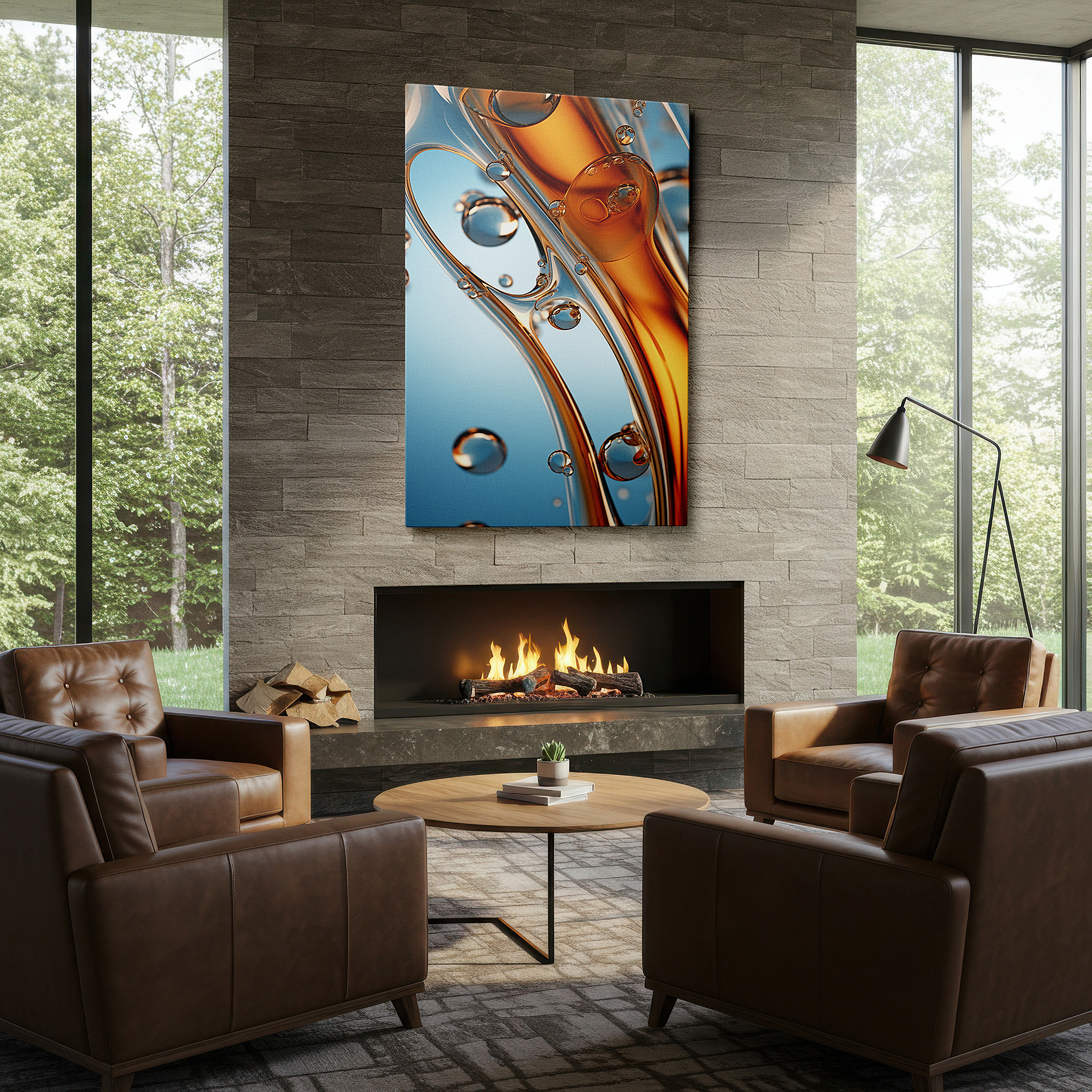 The 75×50 cm version anchors medium rooms without dominating them — amber and clear bubbles abstract dance large wall art, canvas decor for office, bedroom, and living room