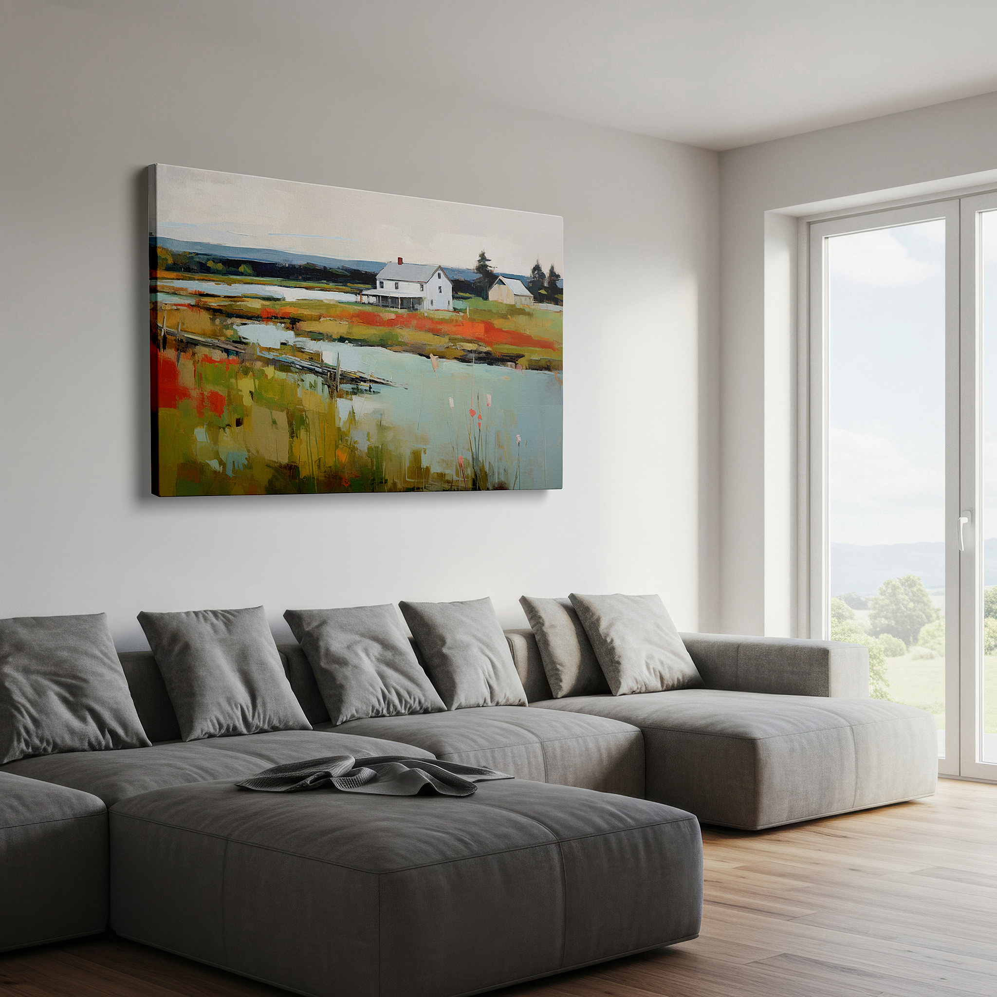 The 75×50 cm version anchors medium rooms without dominating them — autumn's tranquil reflections: timeless rural escape - large canvas wall art for office and bedroom decor
